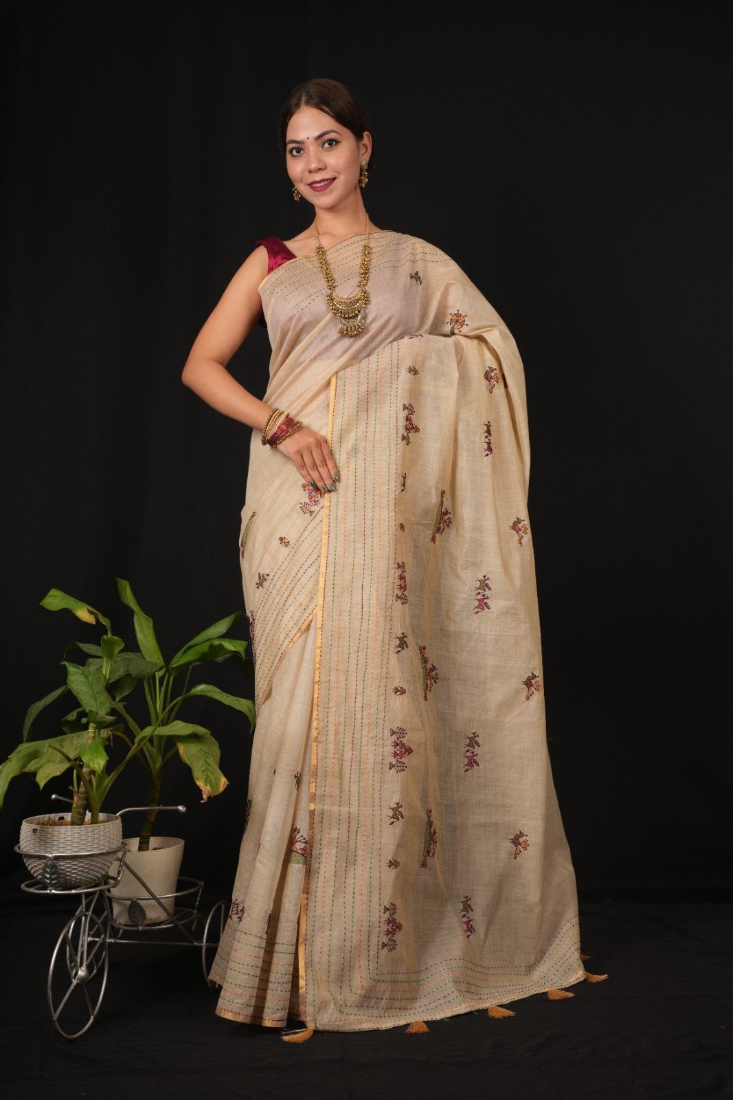 Sophisticated Beige  All Over Tribal Art   Embroidered  Wrap In One Minute Saree