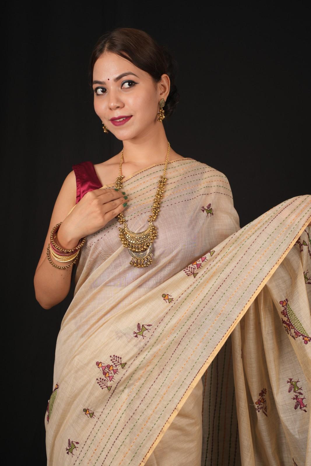 Sophisticated Beige  All Over Tribal Art   Embroidered  Wrap In One Minute Saree