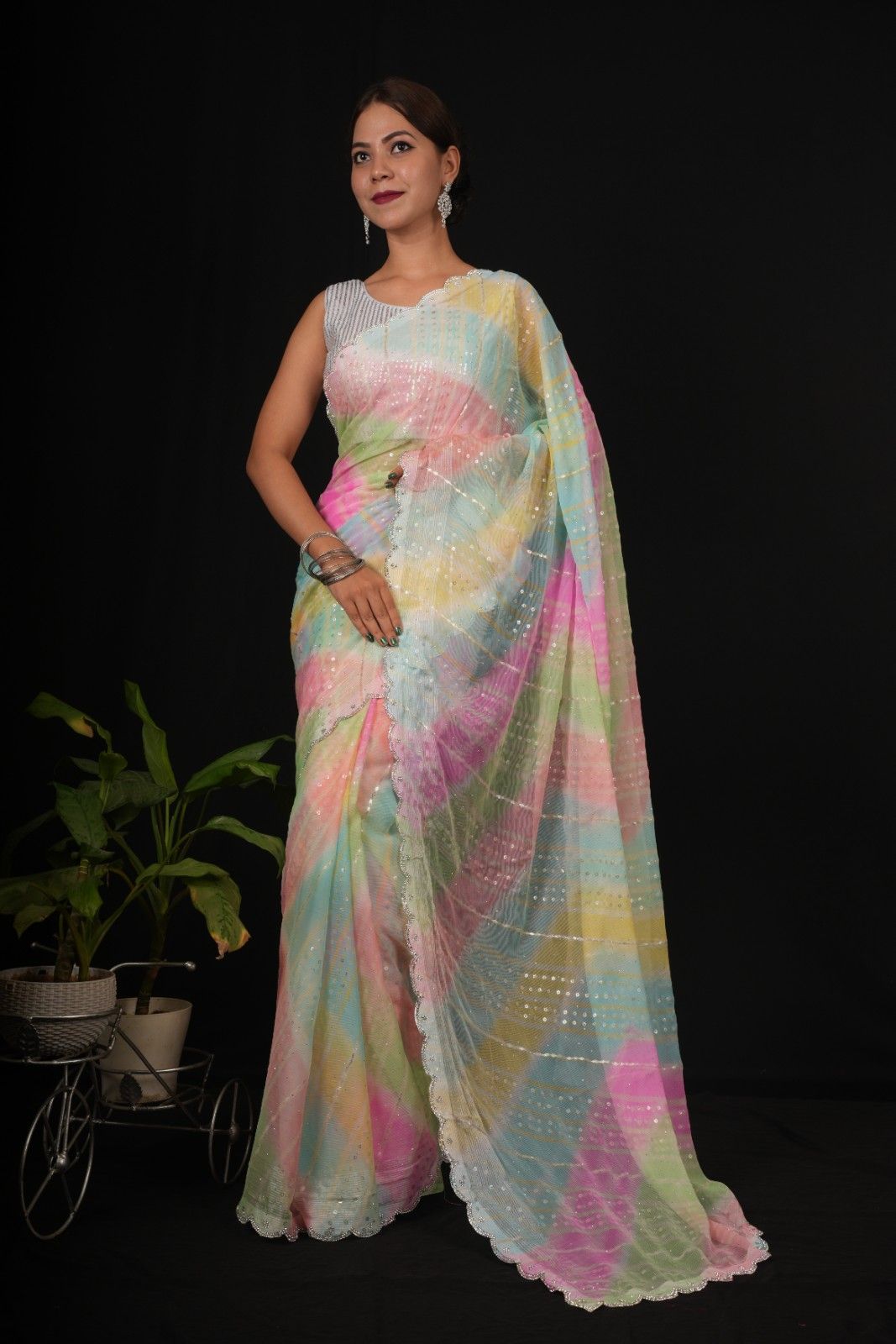 Rainbow Printed With Allover Sequence & Scalloped Stone Border Wrap In One Minute Saree