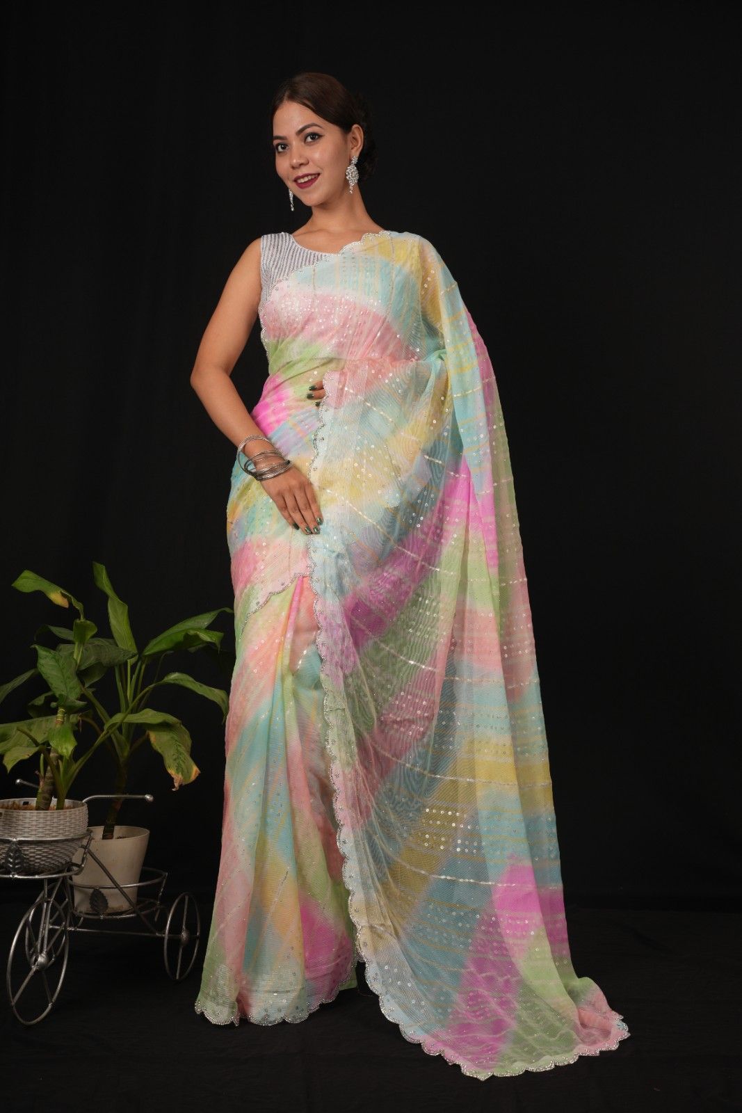 Rainbow Printed With Allover Sequence & Scalloped Stone Border Wrap In One Minute Saree