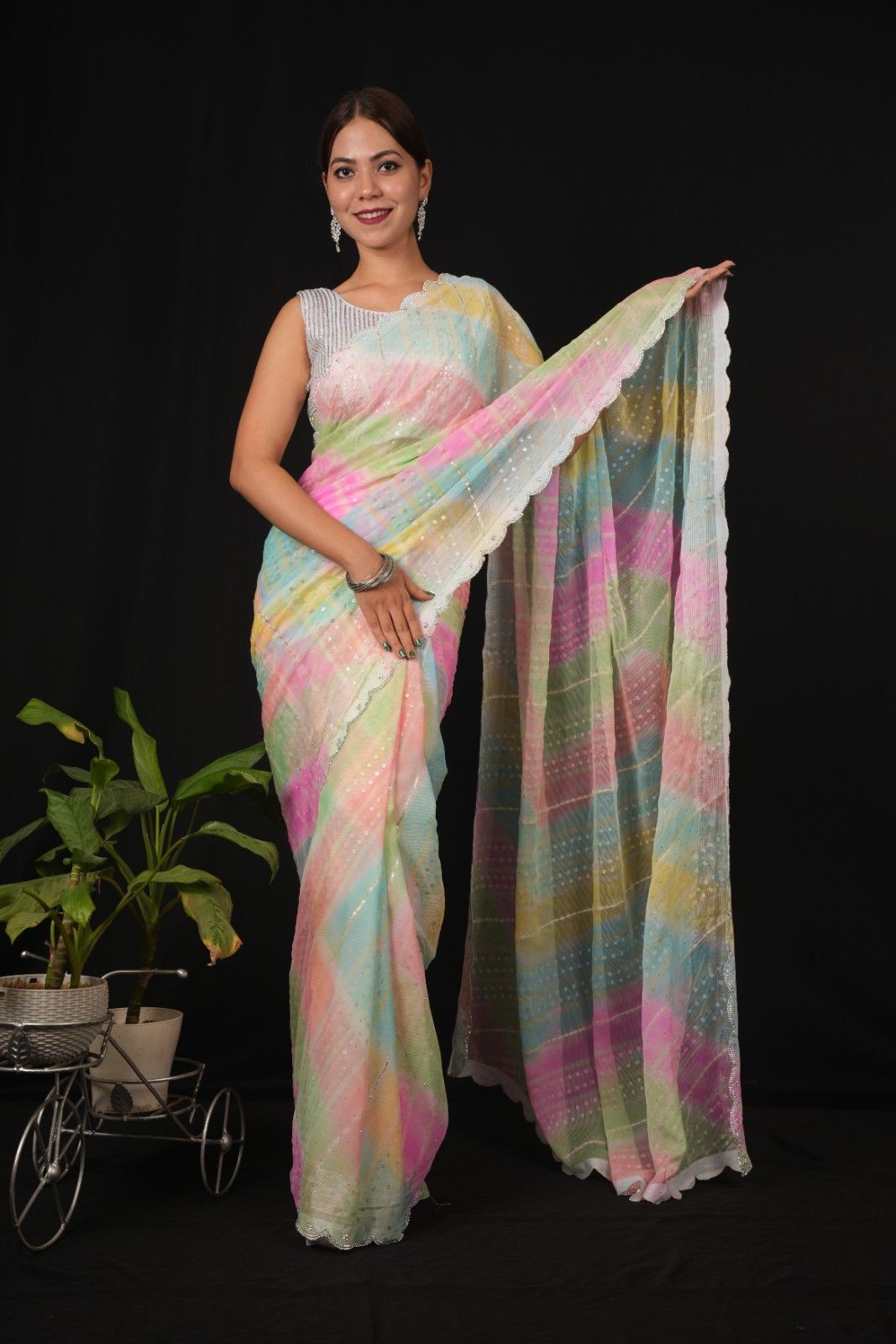 Rainbow Printed With Allover Sequence & Scalloped Stone Border Wrap In One Minute Saree