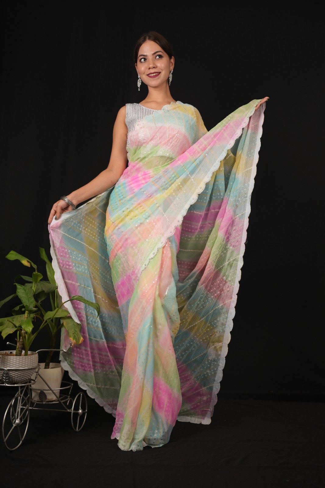 Rainbow Printed With Allover Sequence & Scalloped Stone Border Wrap In One Minute Saree