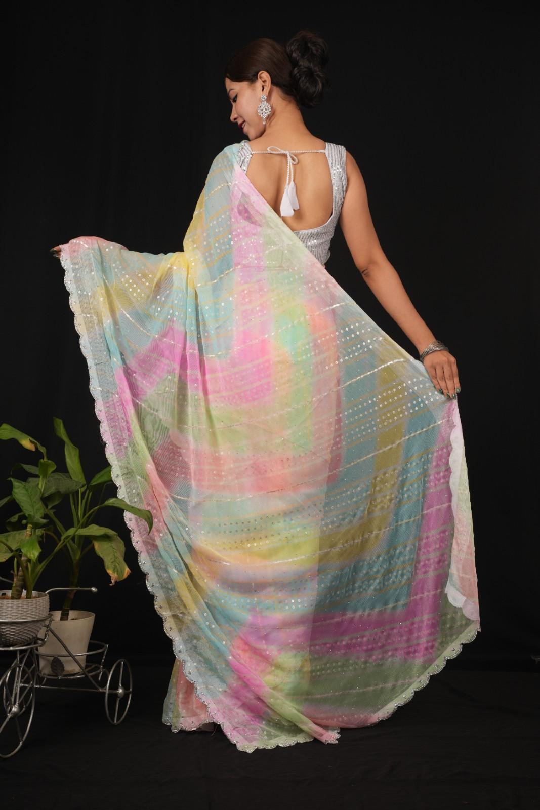 Rainbow Printed With Allover Sequence & Scalloped Stone Border Wrap In One Minute Saree