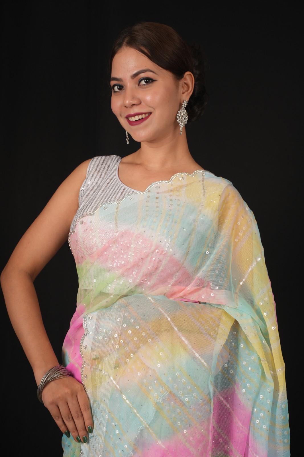 Rainbow Printed With Allover Sequence & Scalloped Stone Border Wrap In One Minute Saree