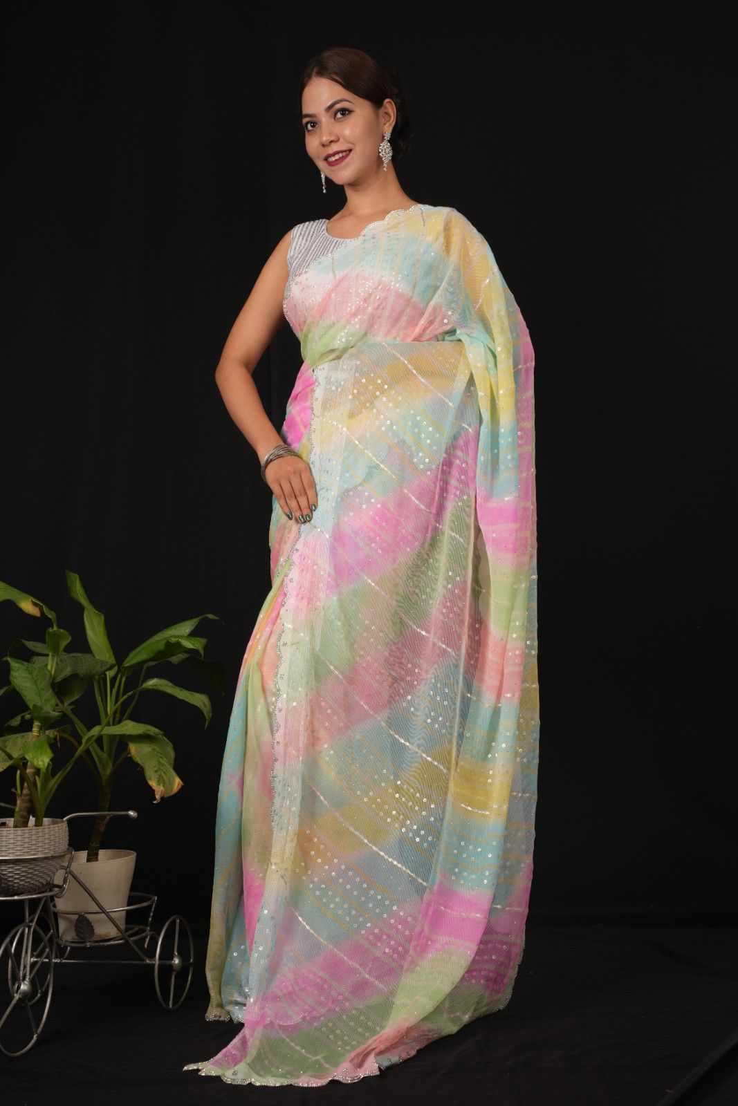 Rainbow Printed With Allover Sequence & Scalloped Stone Border Wrap In One Minute Saree