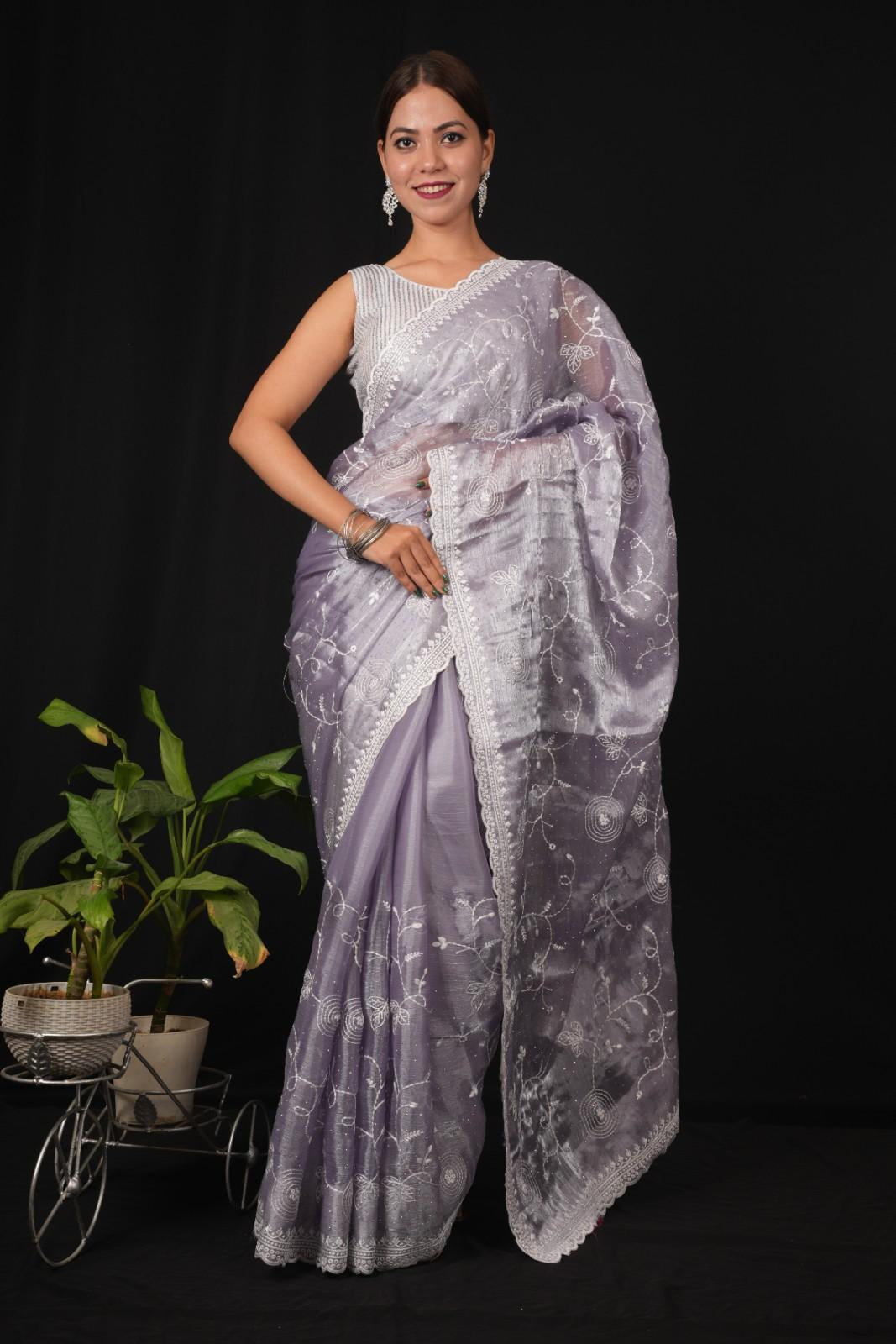 Lavender Jimmy Choo With Overall Stone Embellished & Lucknowi  Embroidered Palla Pre Drape Saree