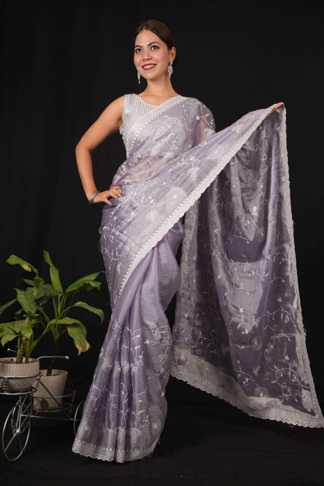 Lavender Jimmy Choo With Overall Stone Embellished & Lucknowi  Embroidered Palla Pre Drape Saree