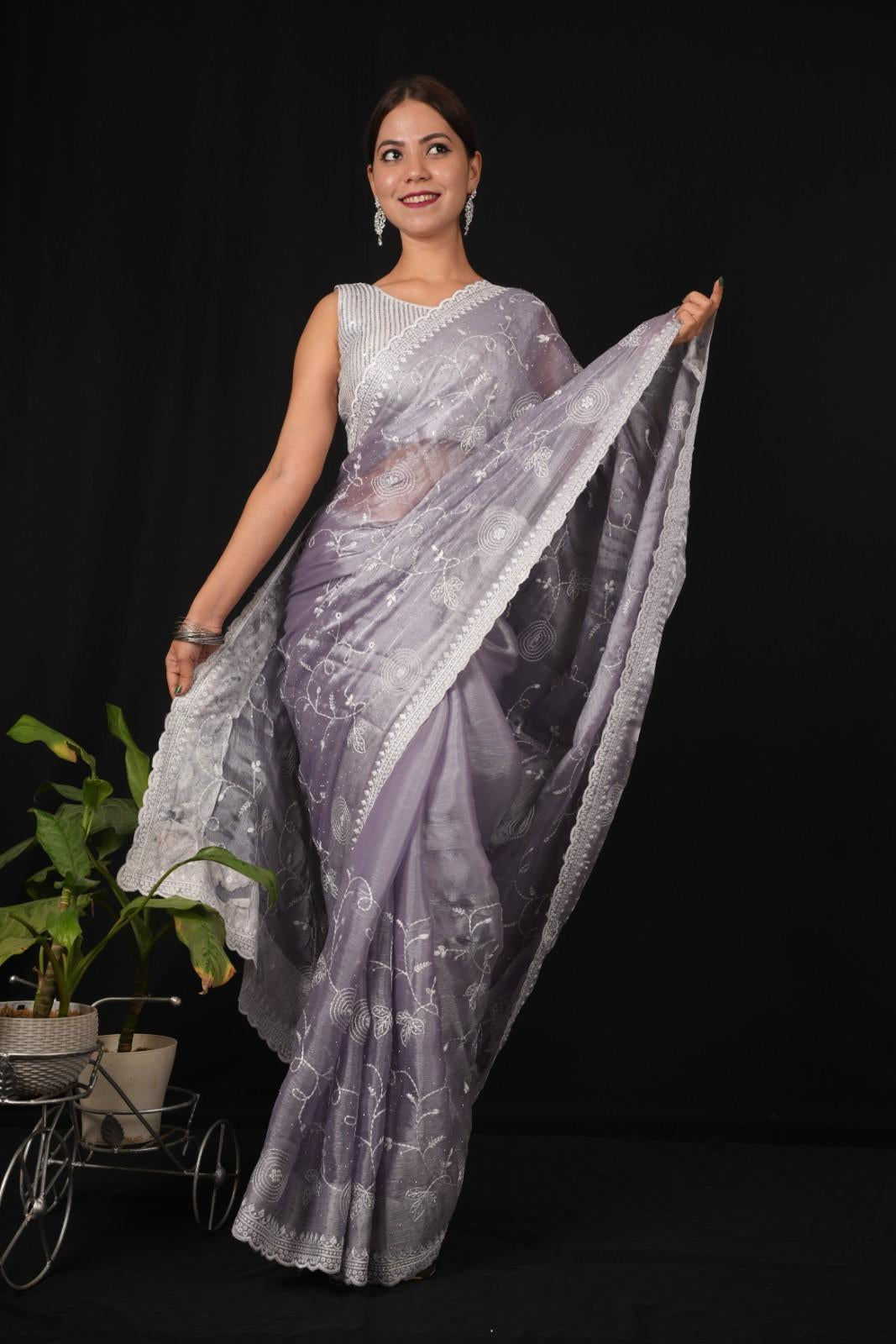 Lavender Jimmy Choo With Overall Stone Embellished & Lucknowi  Embroidered Palla Pre Drape Saree