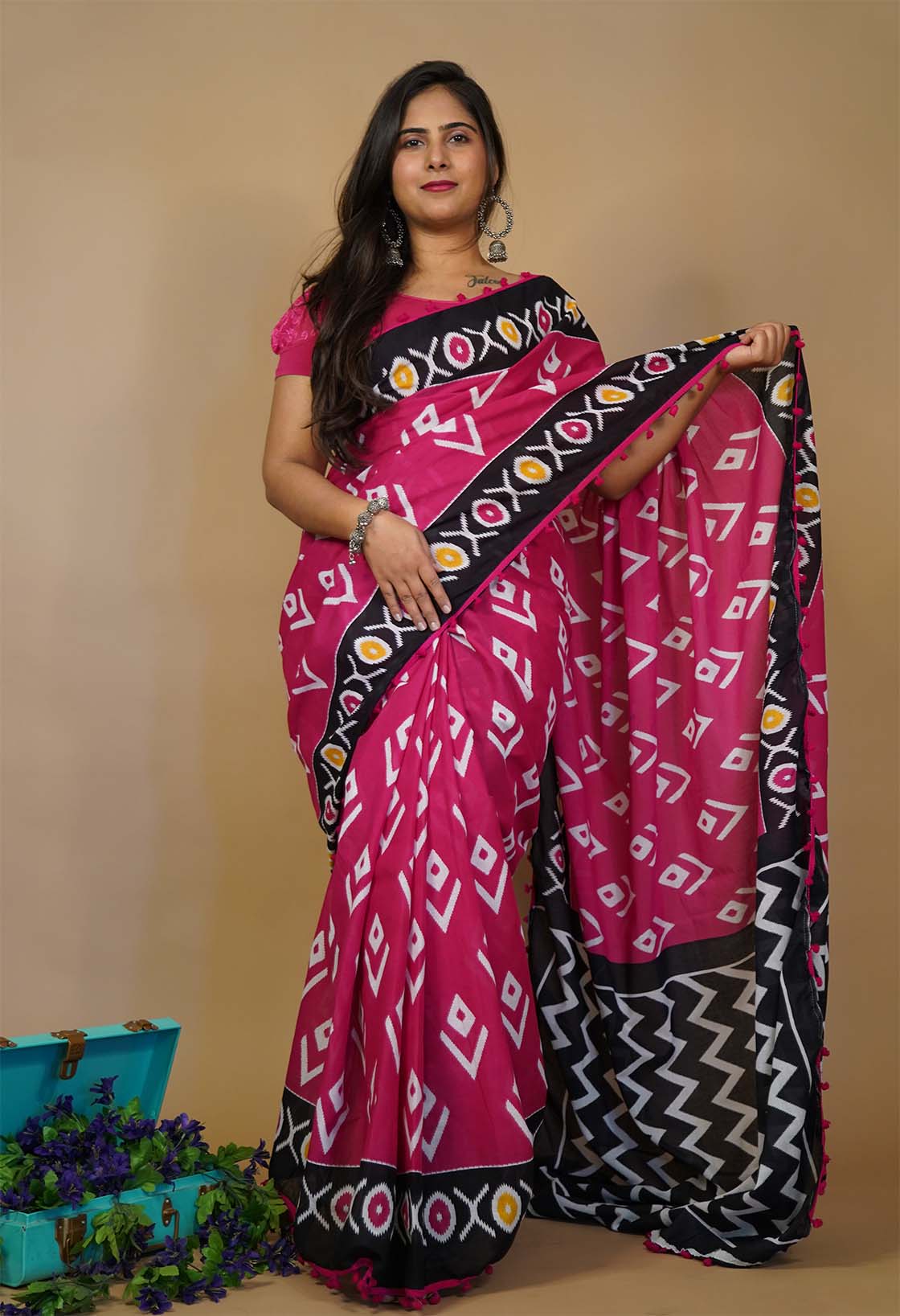 PINK & BLACK COTTON MUL MUL PRINTED WRAP IN 1 MINUTE SAREE WITH POMPOM