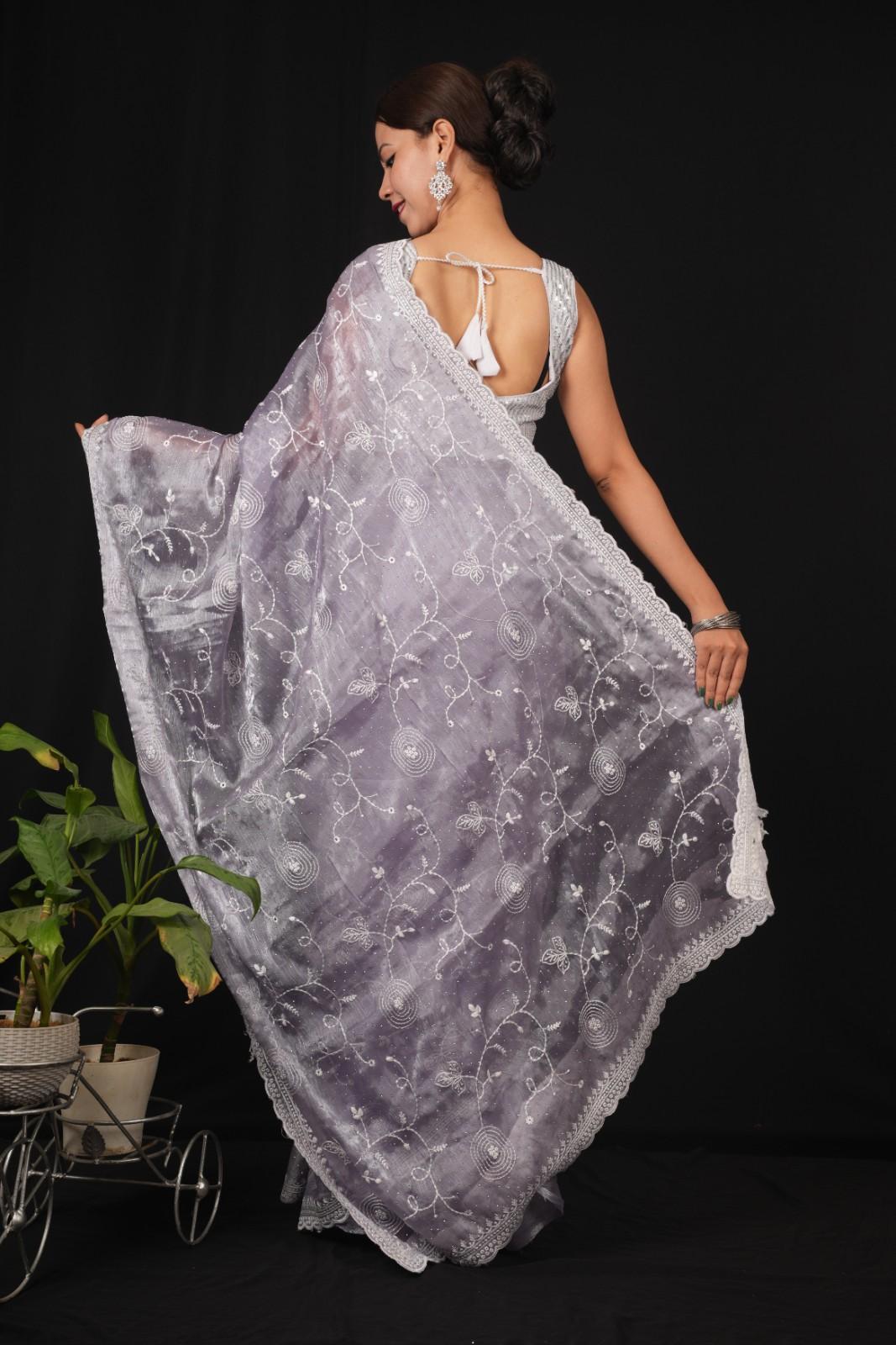 Lavender Jimmy Choo With Overall Stone Embellished & Lucknowi  Embroidered Palla Pre Drape Saree