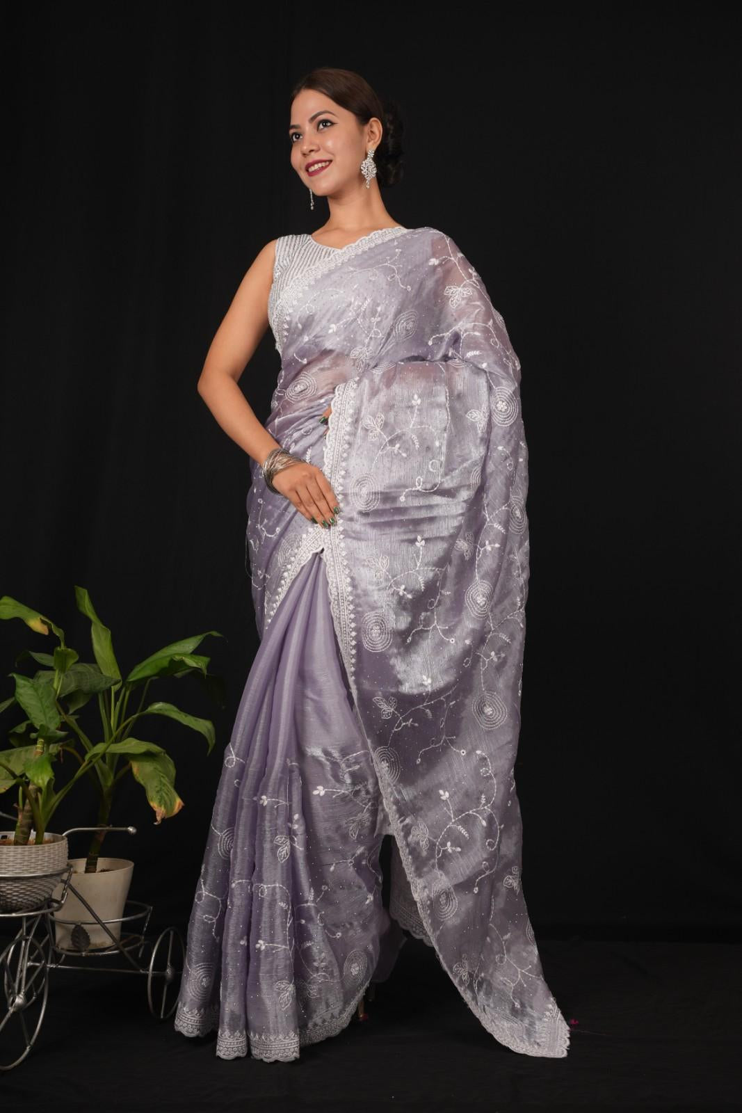 Lavender Jimmy Choo With Overall Stone Embellished & Lucknowi  Embroidered Palla Pre Drape Saree