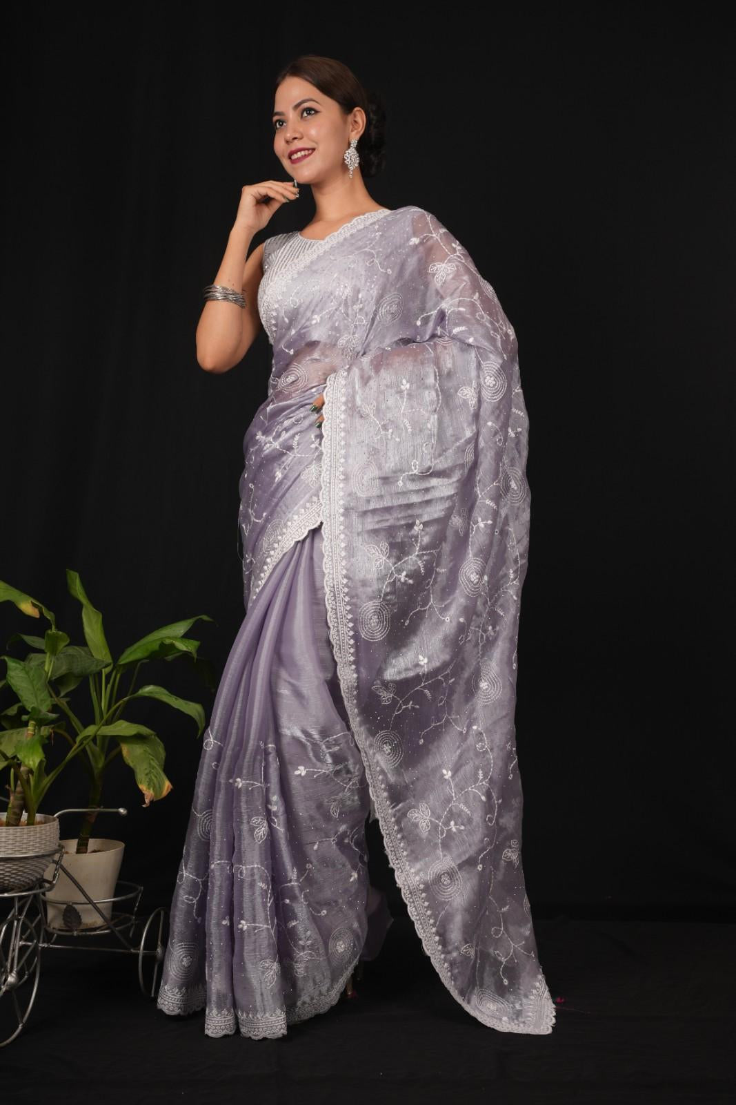 Lavender Jimmy Choo With Overall Stone Embellished & Lucknowi  Embroidered Palla Pre Drape Saree