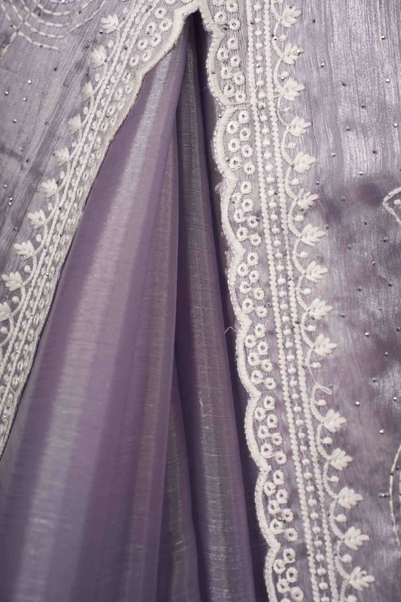 Lavender Jimmy Choo With Overall Stone Embellished & Lucknowi  Embroidered Palla Pre Drape Saree