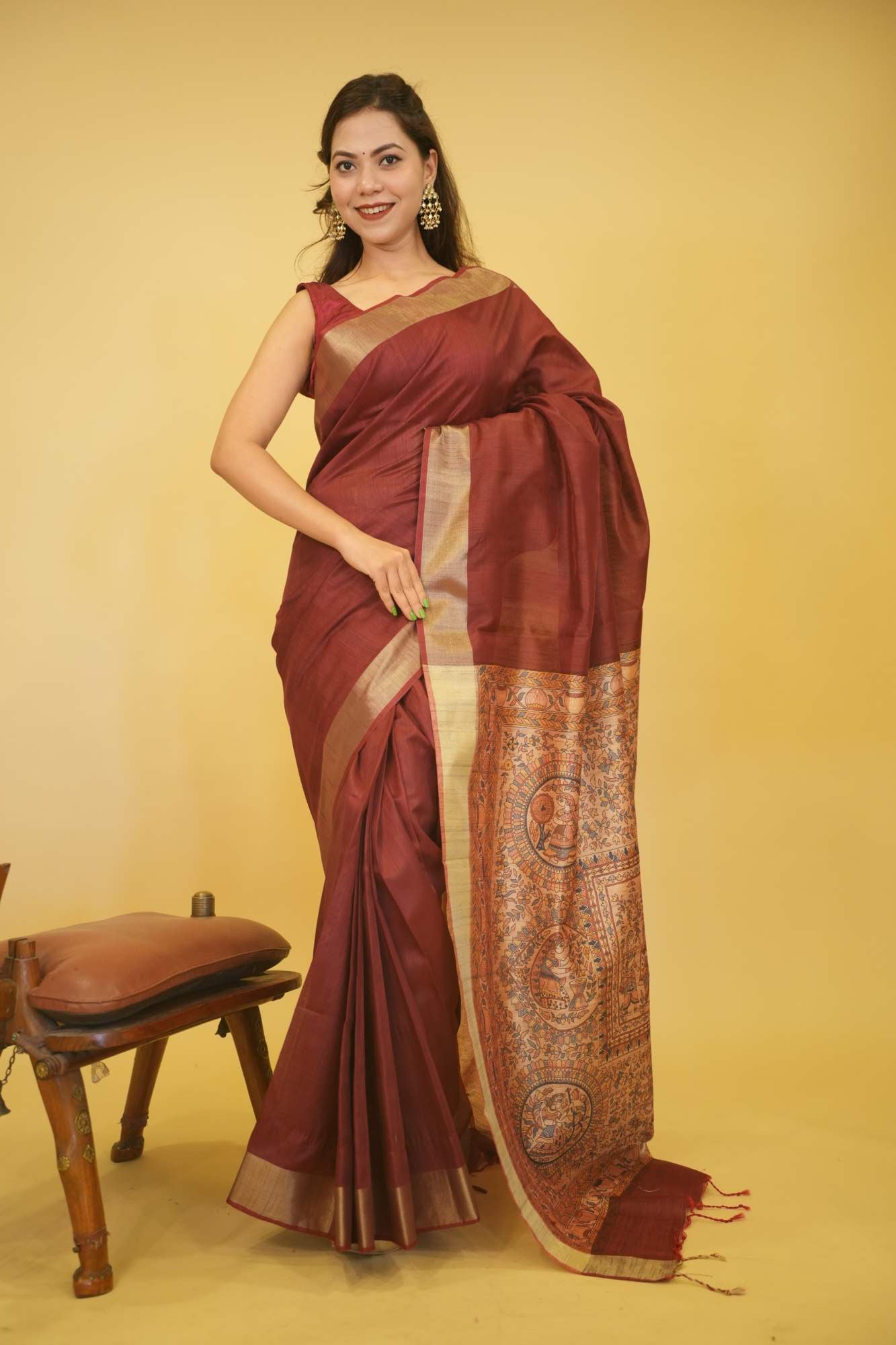 Soft Khadi Silk With Madhubani Printed & Zari Weave Bordered Pre Drape Saree