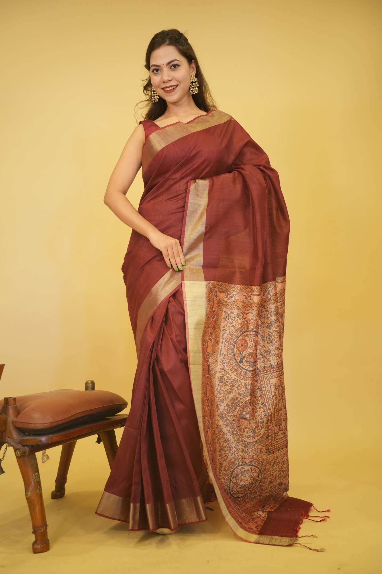 Soft Khadi Silk With Madhubani Printed & Zari Weave Bordered Pre Drape Saree