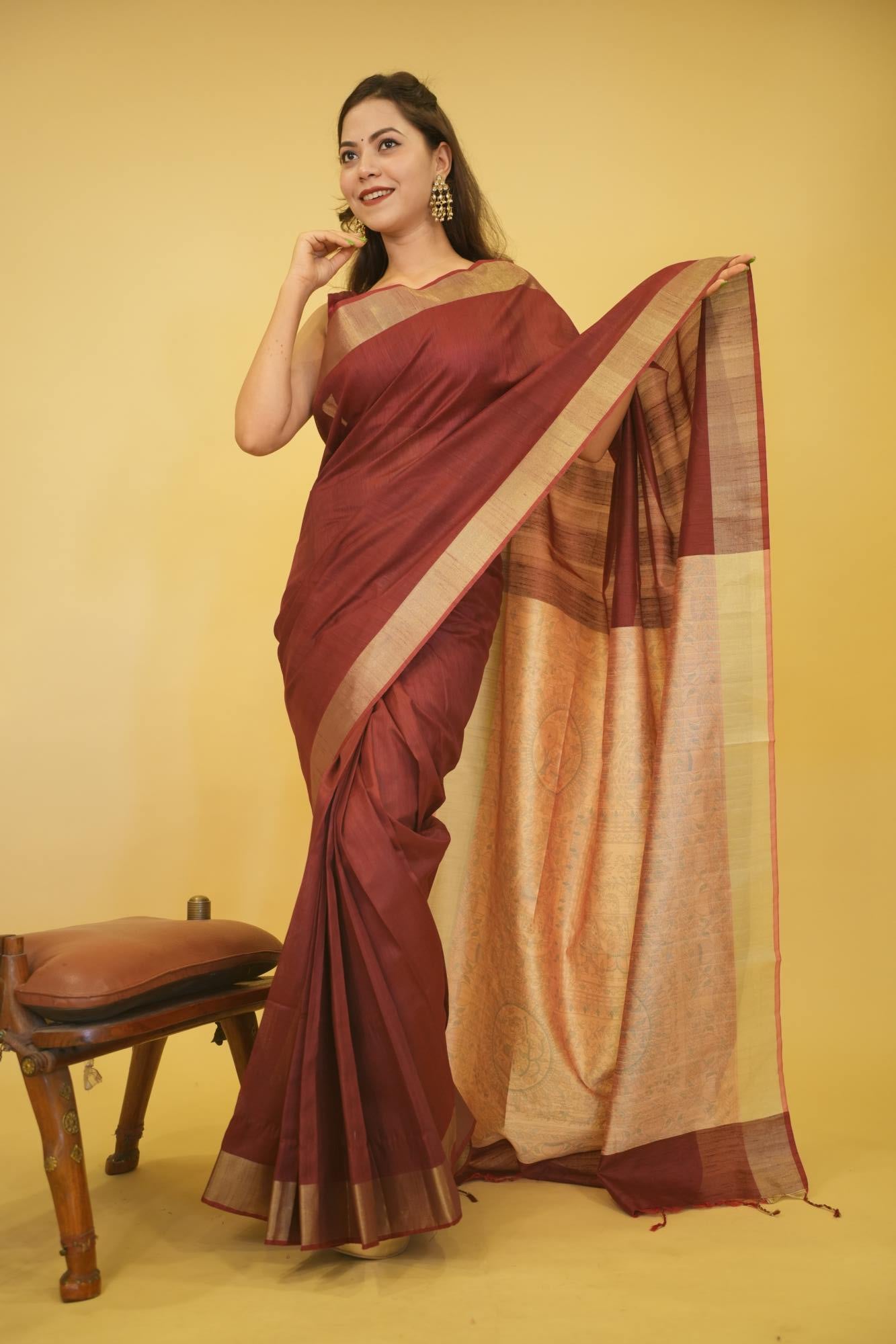 Soft Khadi Silk With Madhubani Printed & Zari Weave Bordered Pre Drape Saree