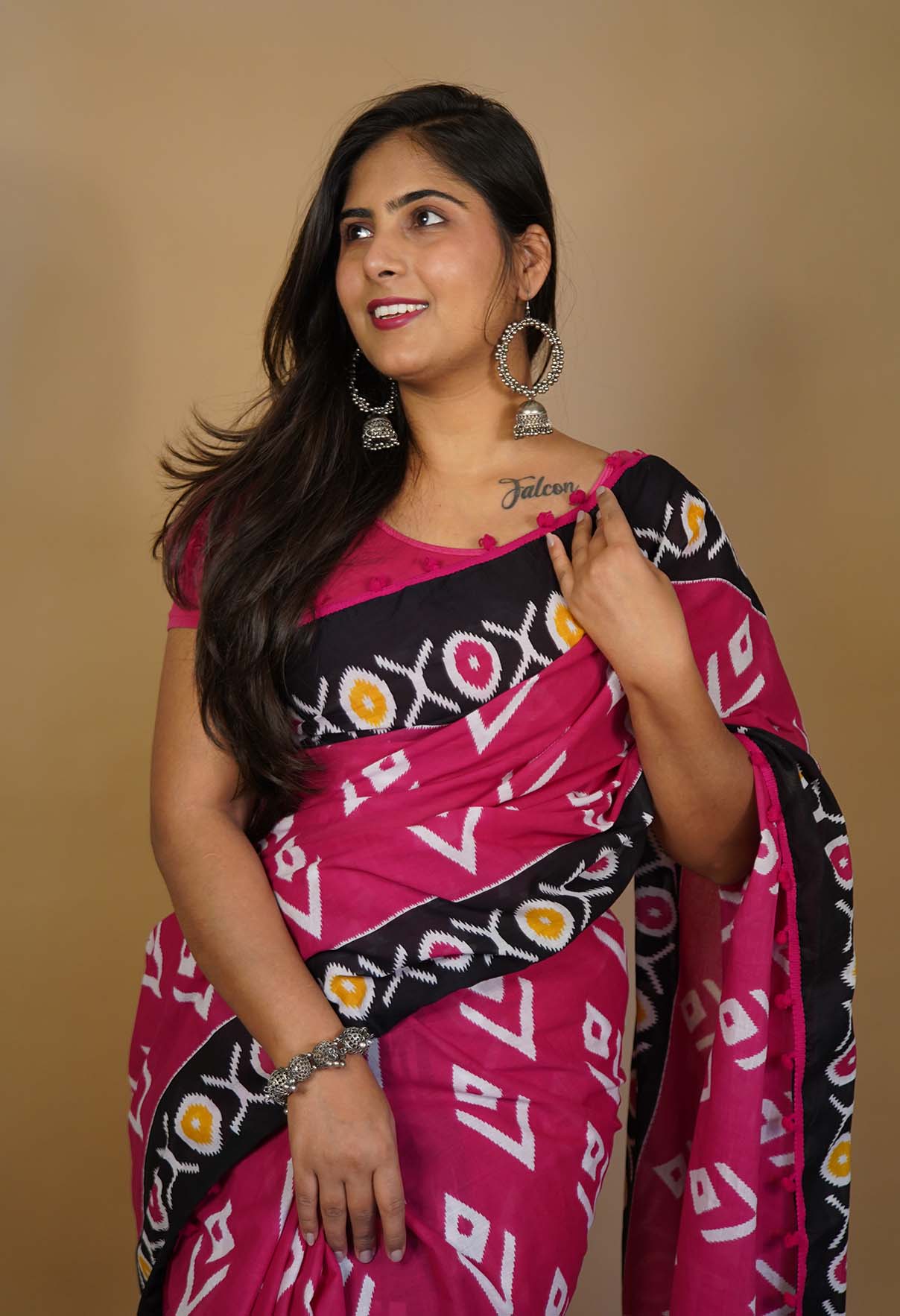 PINK & BLACK COTTON MUL MUL PRINTED WRAP IN 1 MINUTE SAREE WITH POMPOM