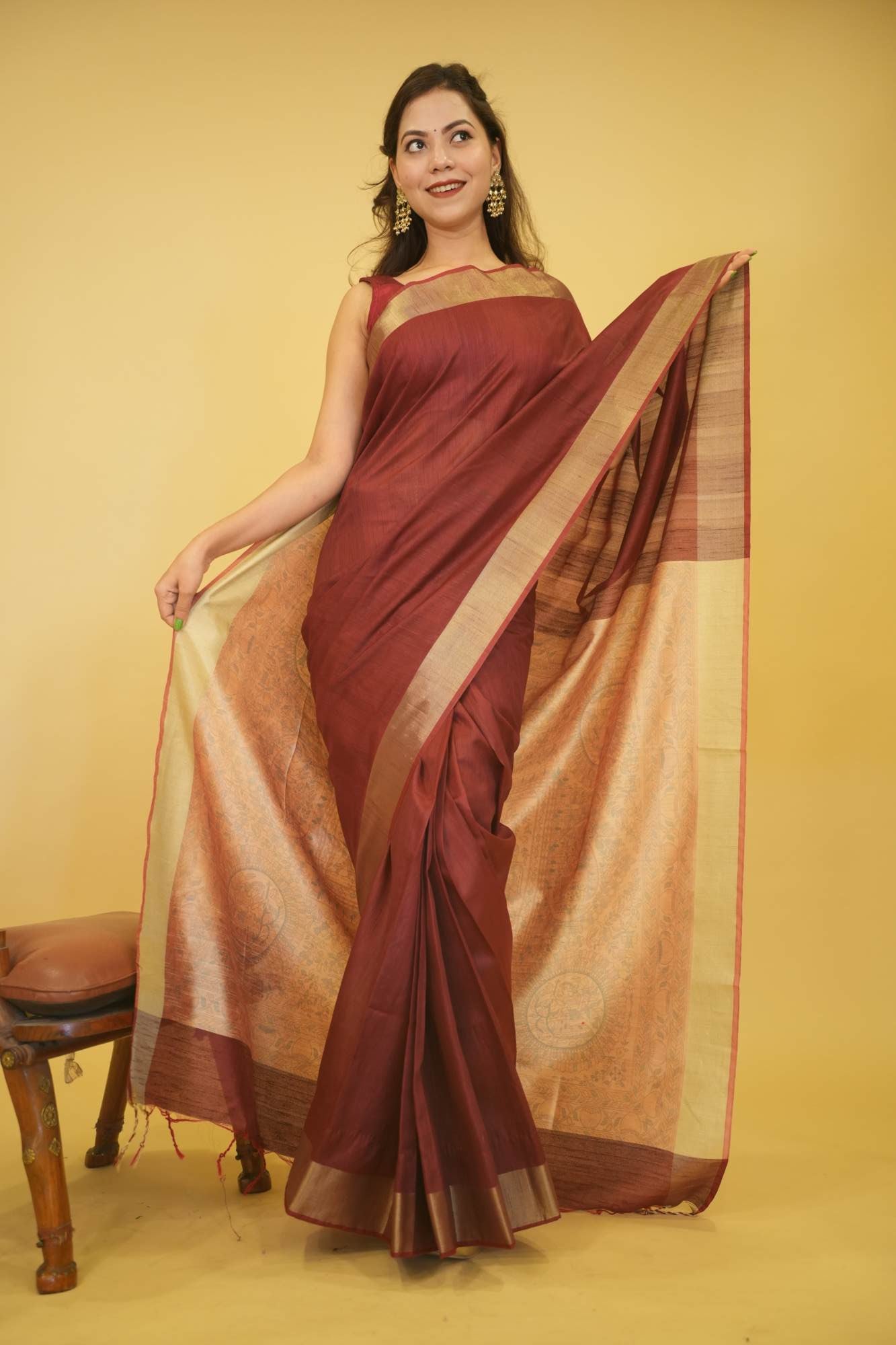 Soft Khadi Silk With Madhubani Printed & Zari Weave Bordered Pre Drape Saree