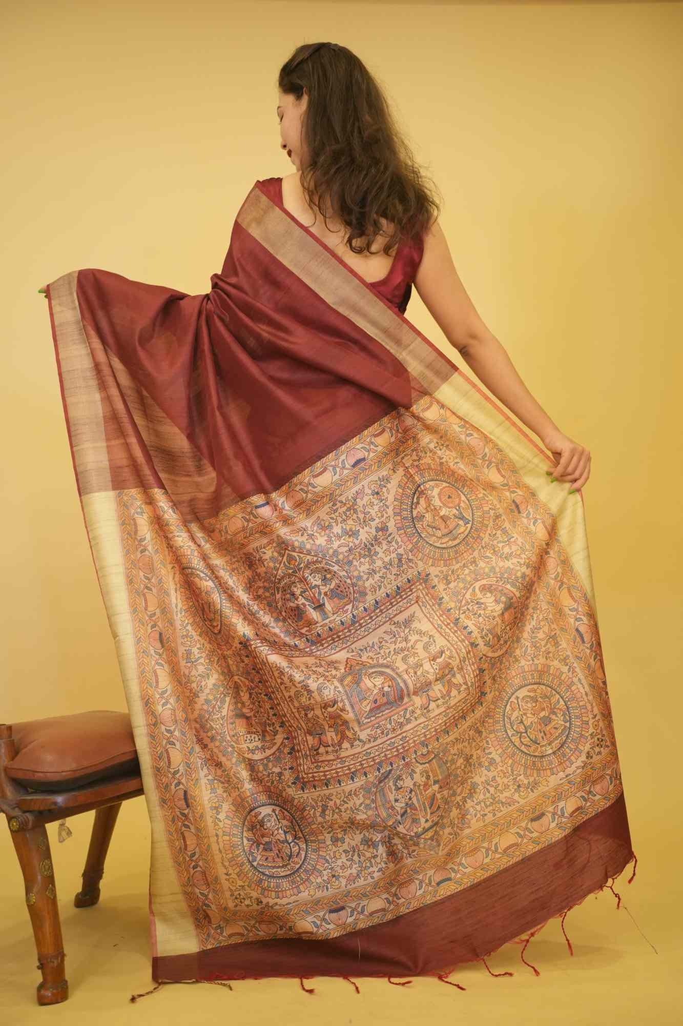 Soft Khadi Silk With Madhubani Printed & Zari Weave Bordered Pre Drape Saree