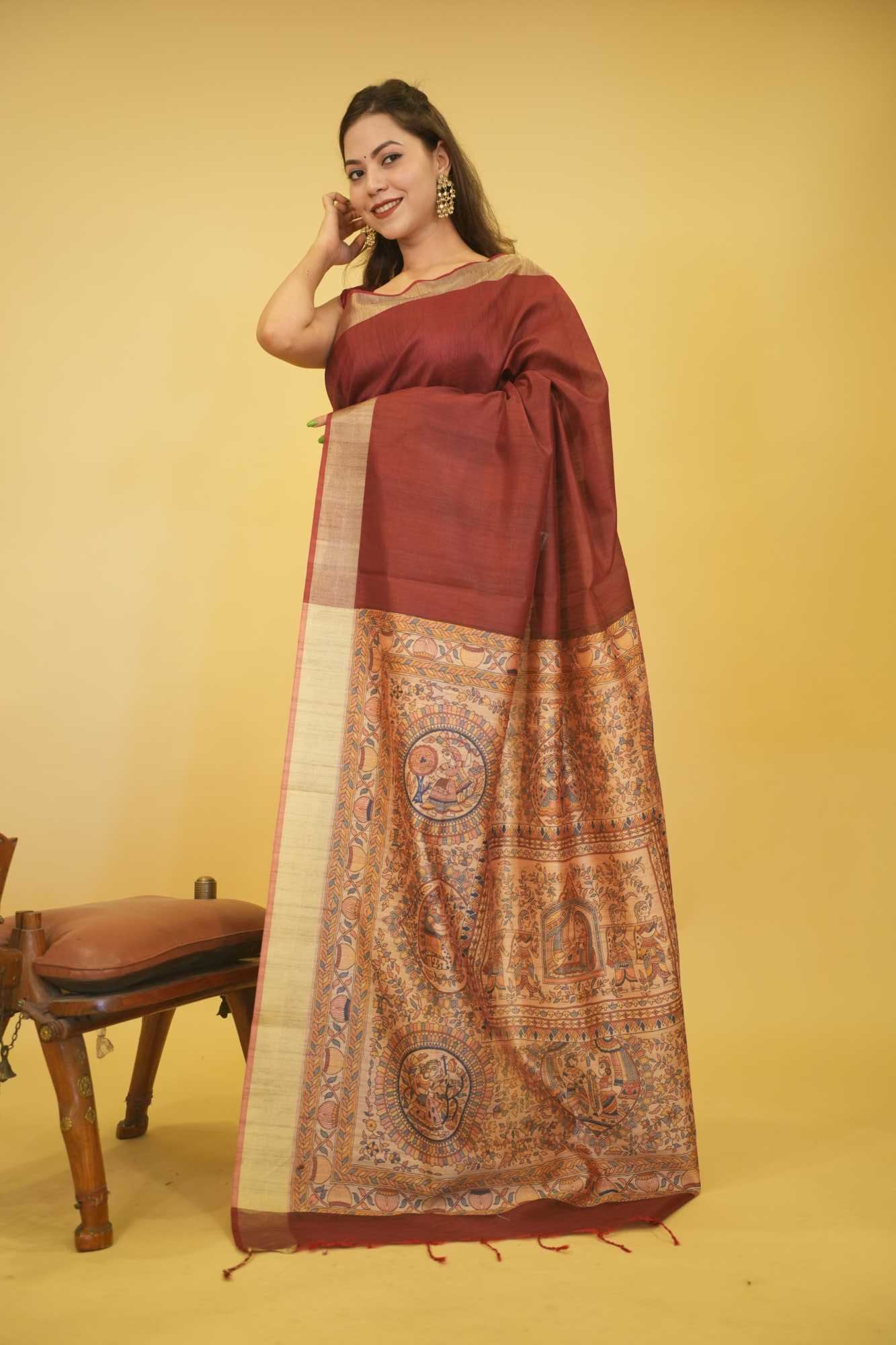 Soft Khadi Silk With Madhubani Printed & Zari Weave Bordered Pre Drape Saree