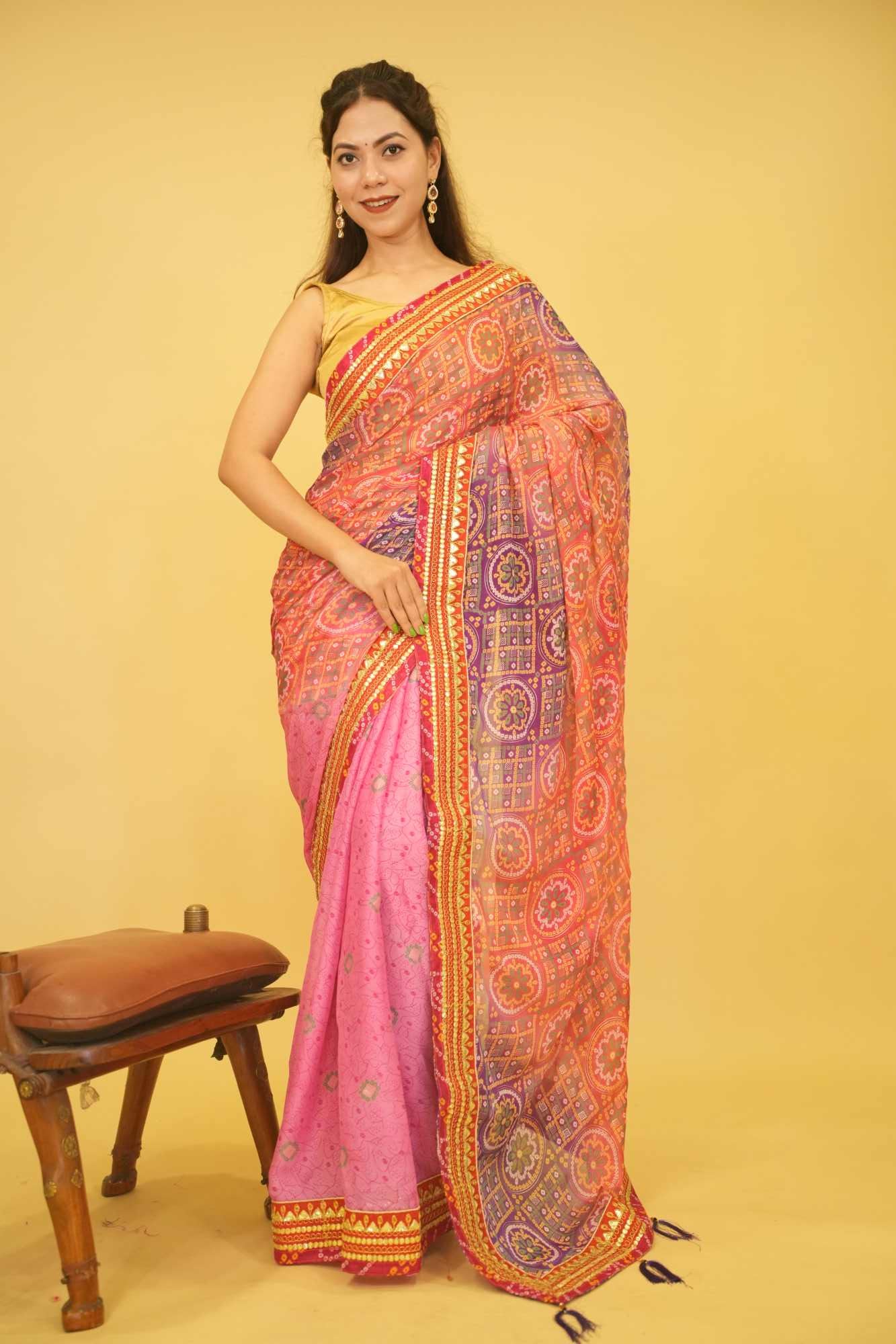 Pink & Purple Bandhani With Gota Patti Lace Bordered & Tassels On Palla Wrap In One Minute Saree