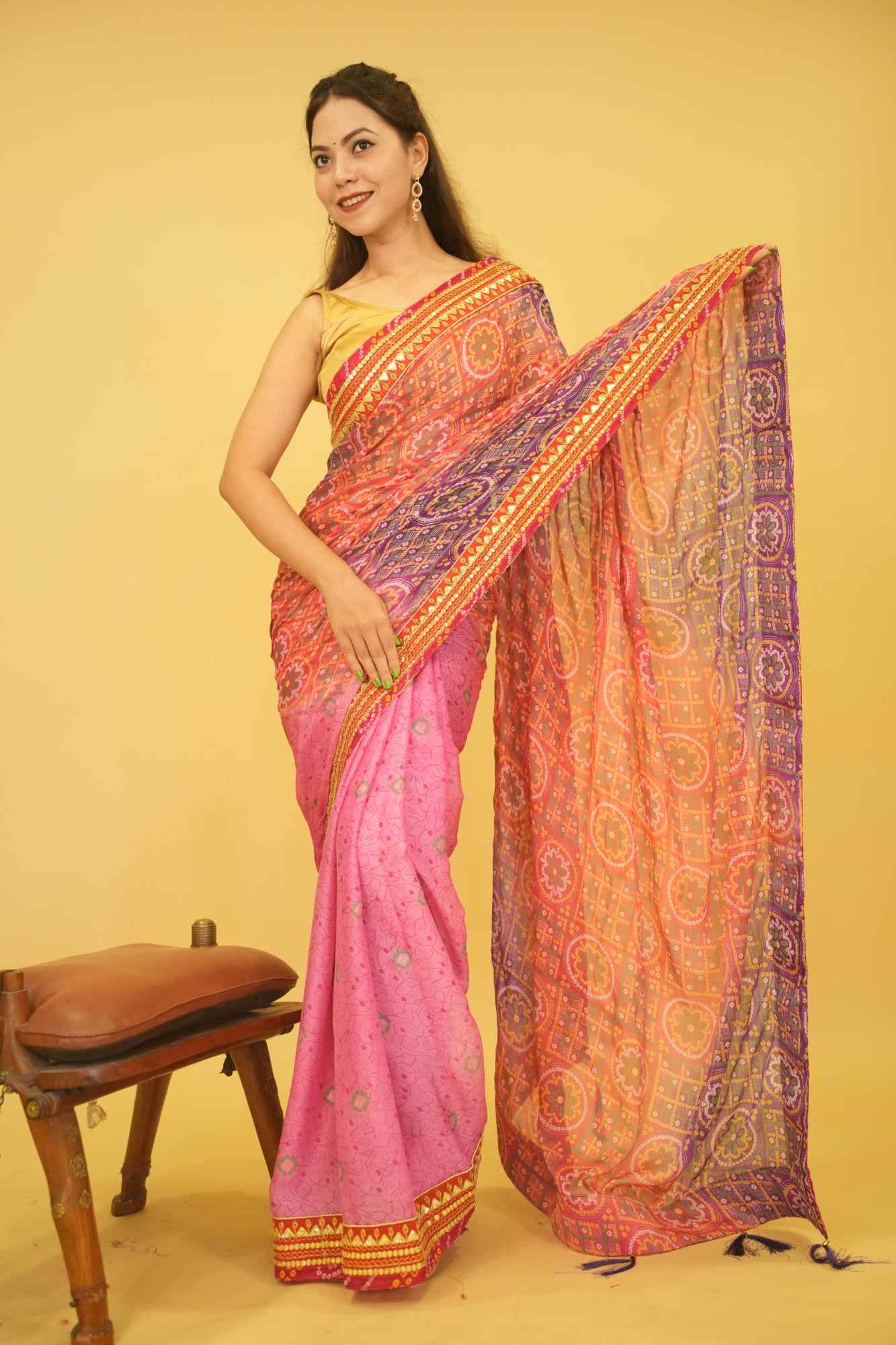 Pink & Purple Bandhani With Gota Patti Lace Bordered & Tassels On Palla Wrap In One Minute Saree