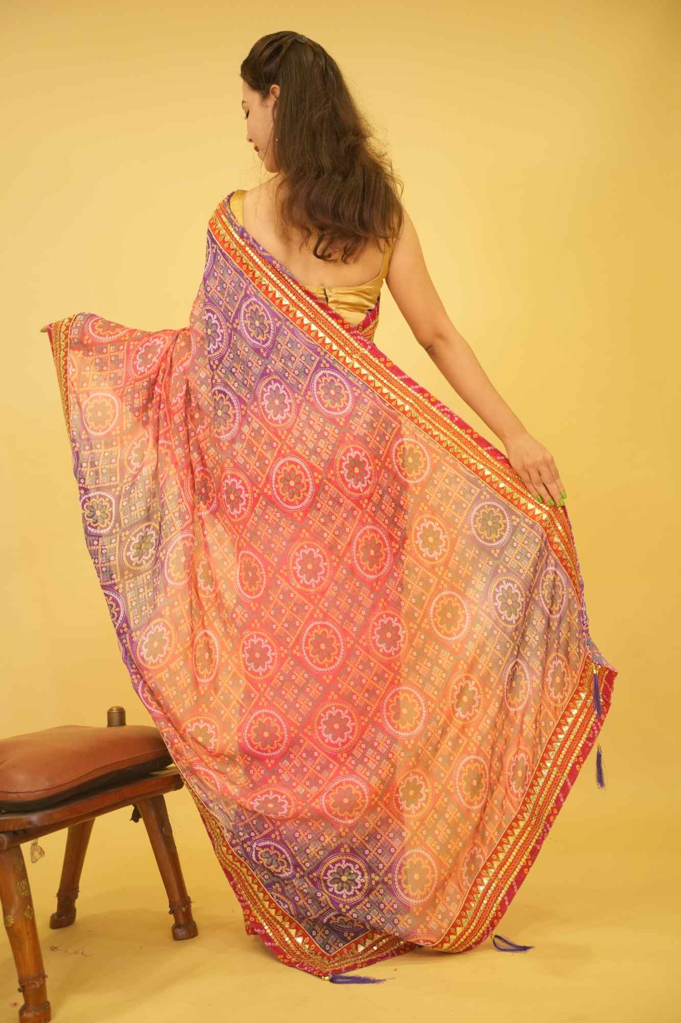 Pink & Purple Bandhani With Gota Patti Lace Bordered & Tassels On Palla Wrap In One Minute Saree