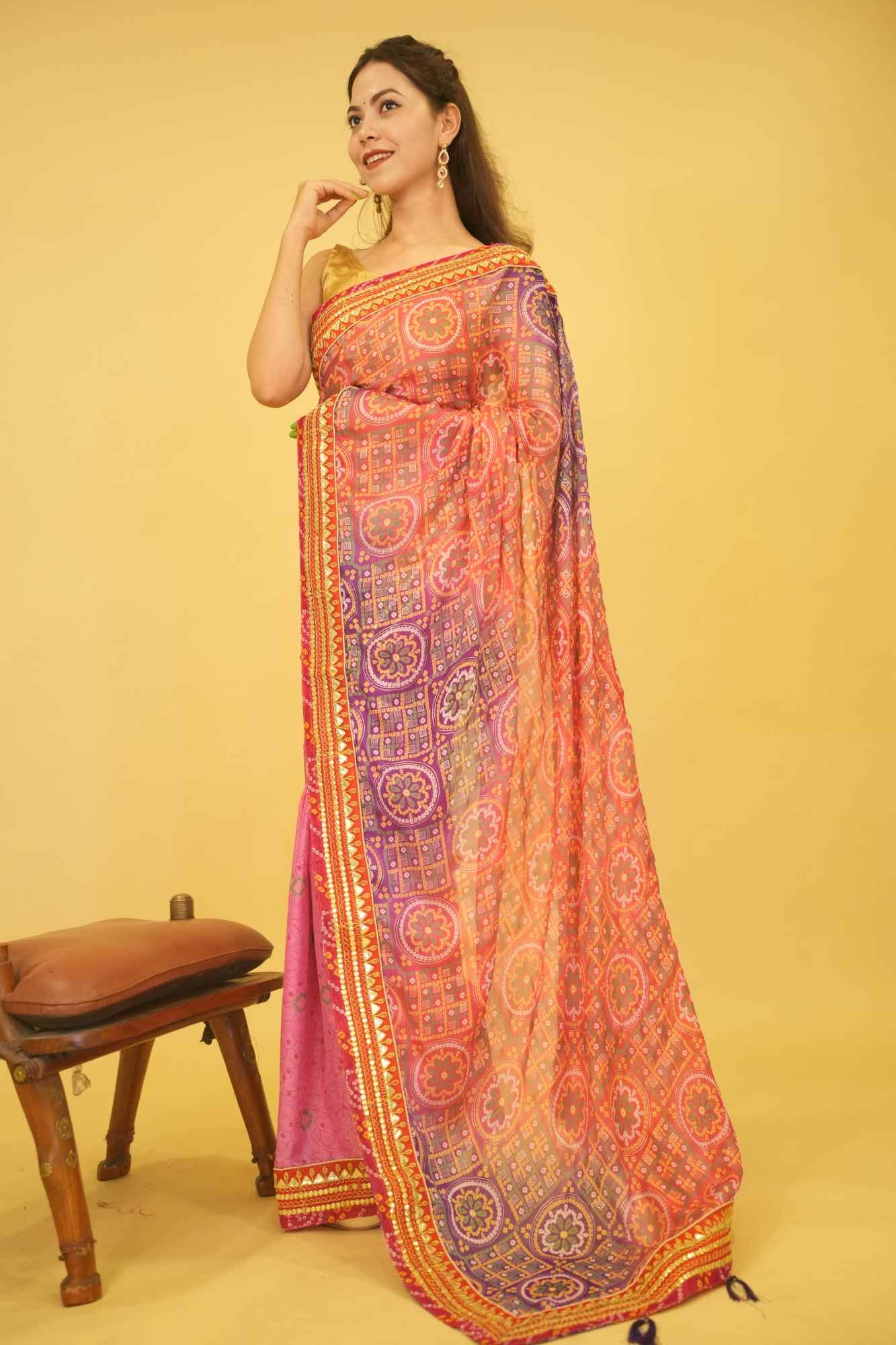 Pink & Purple Bandhani With Gota Patti Lace Bordered & Tassels On Palla Wrap In One Minute Saree