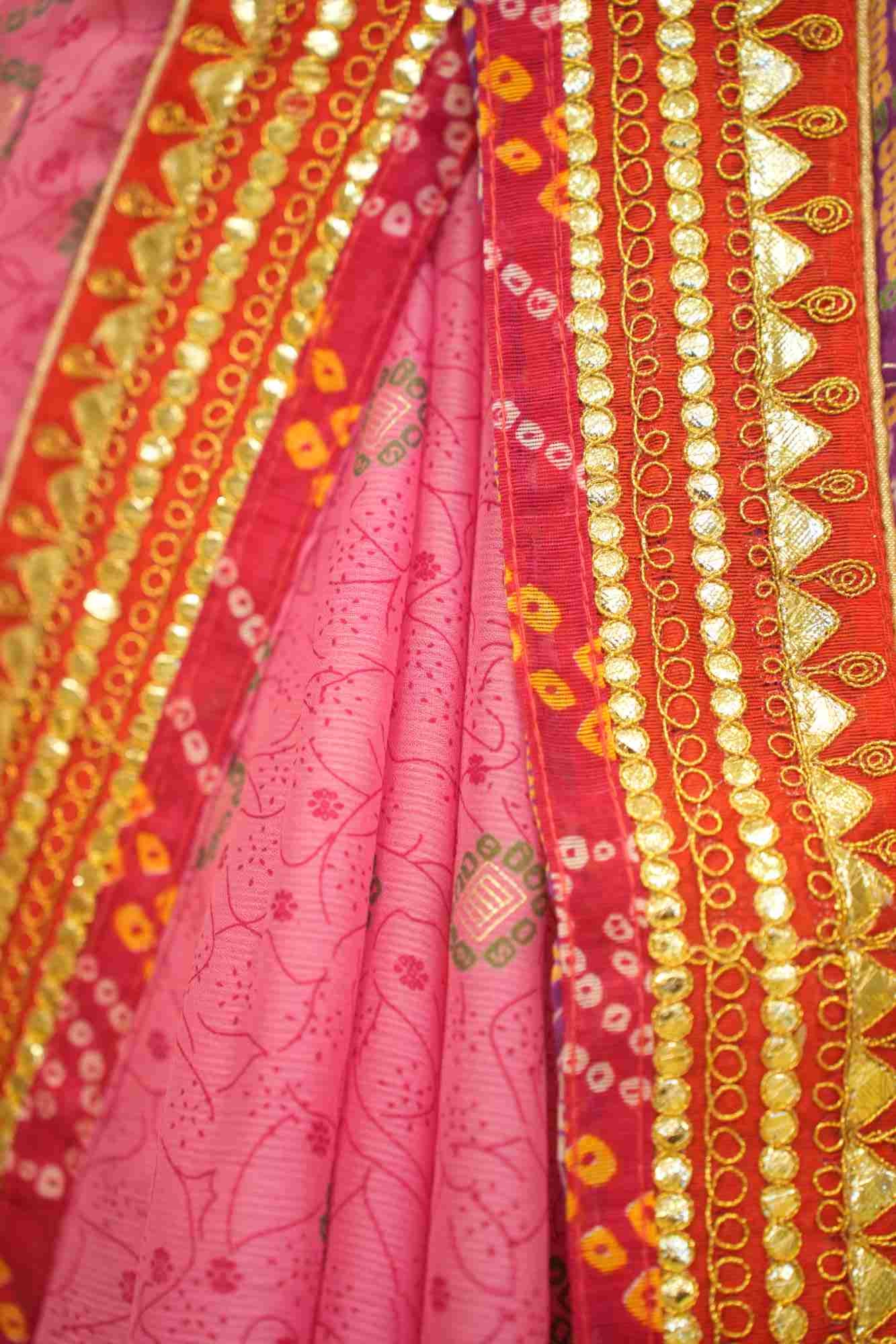 Pink & Purple Bandhani With Gota Patti Lace Bordered & Tassels On Palla Wrap In One Minute Saree