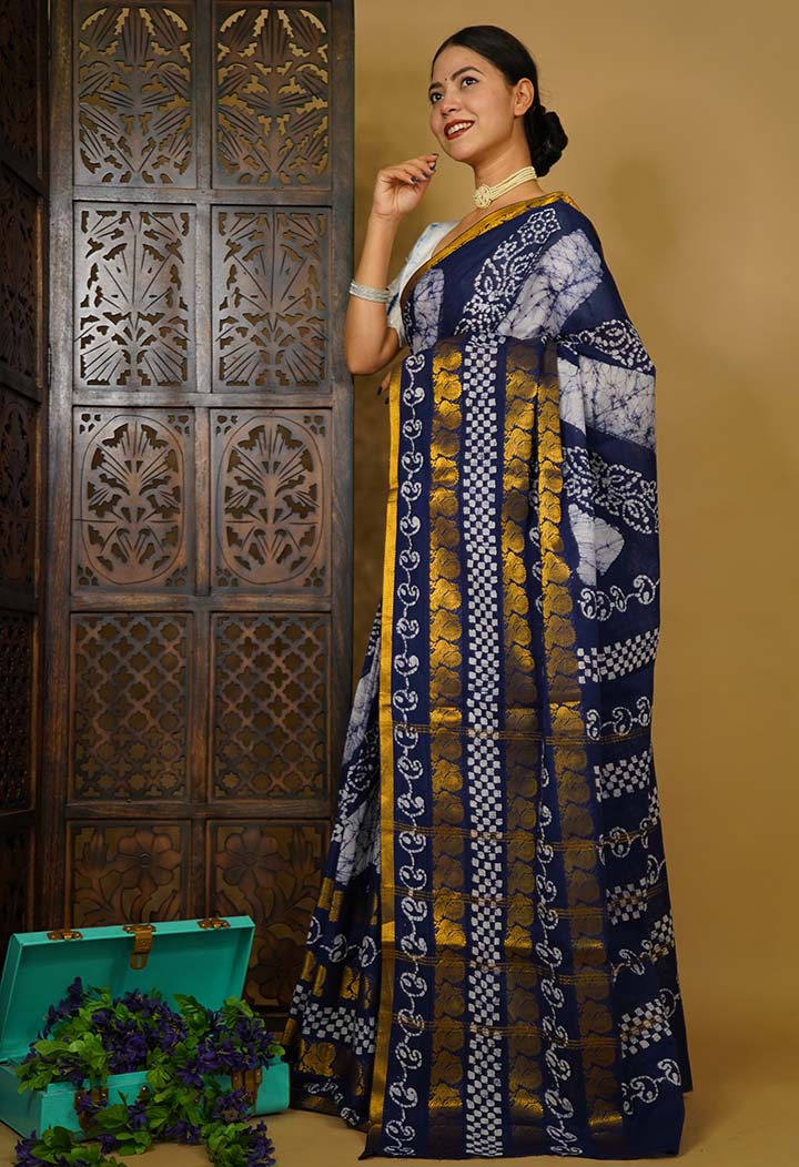 Ready To Wear Indigo Hand Dyed & Hand Wax with Zari Bordered Wrap In One Minute Saree