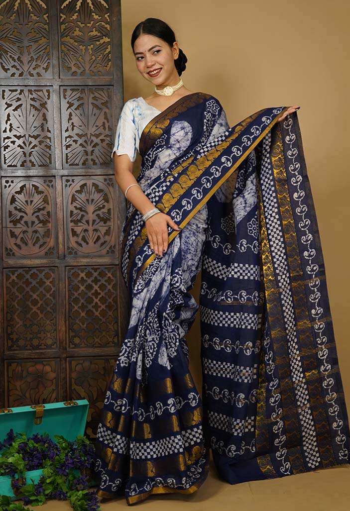 Ready To Wear Indigo Hand Dyed & Hand Wax with Zari Bordered Wrap In One Minute Saree