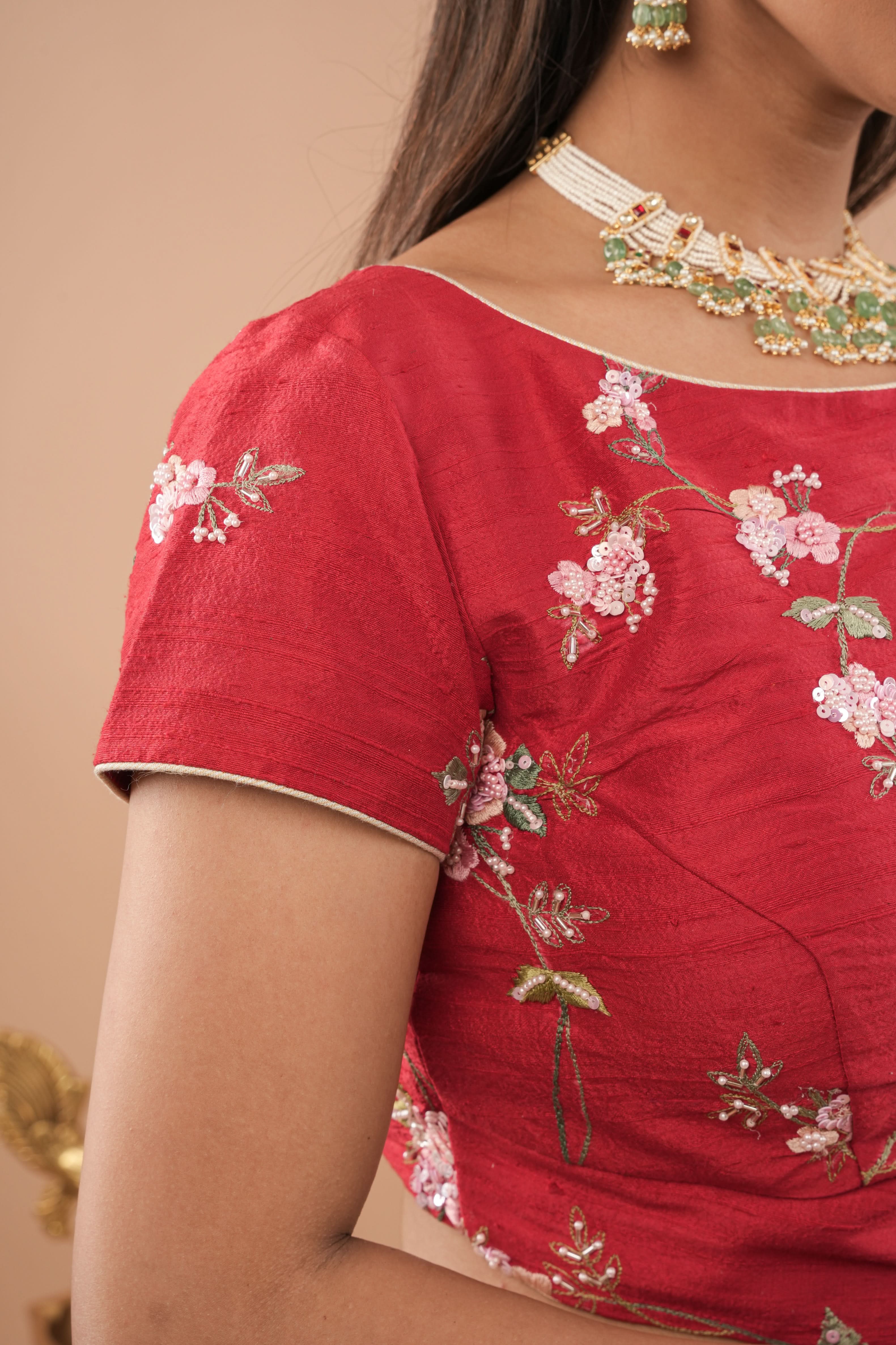 Blood Red Pure Raw Silk Blouse with Floral Embroidery and Moti Jaal | Made to Order | Shobitam
