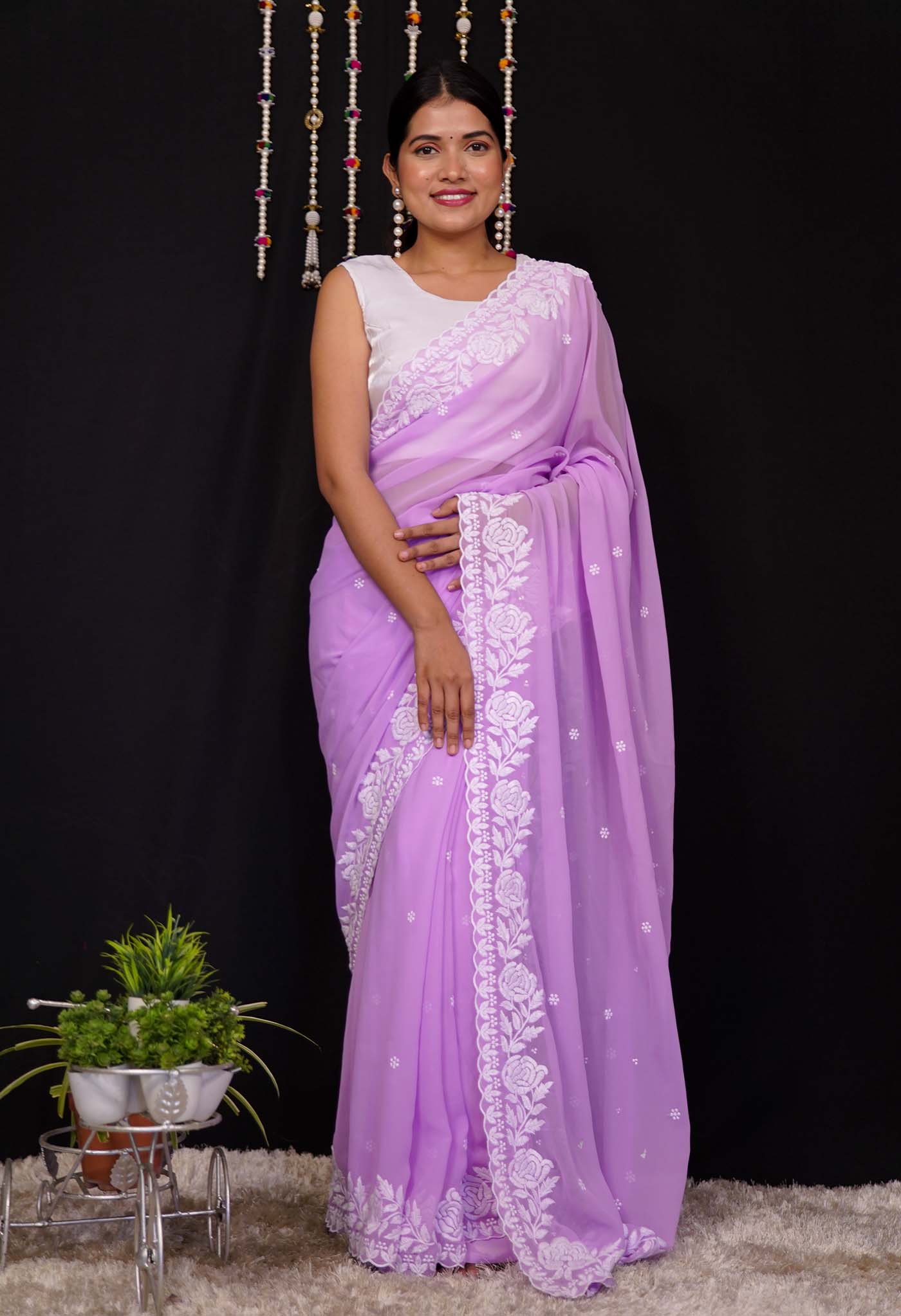 Ready To Wear Lavender  Georgette  With White Embroidery Border Wrap in 1 Minute Saree