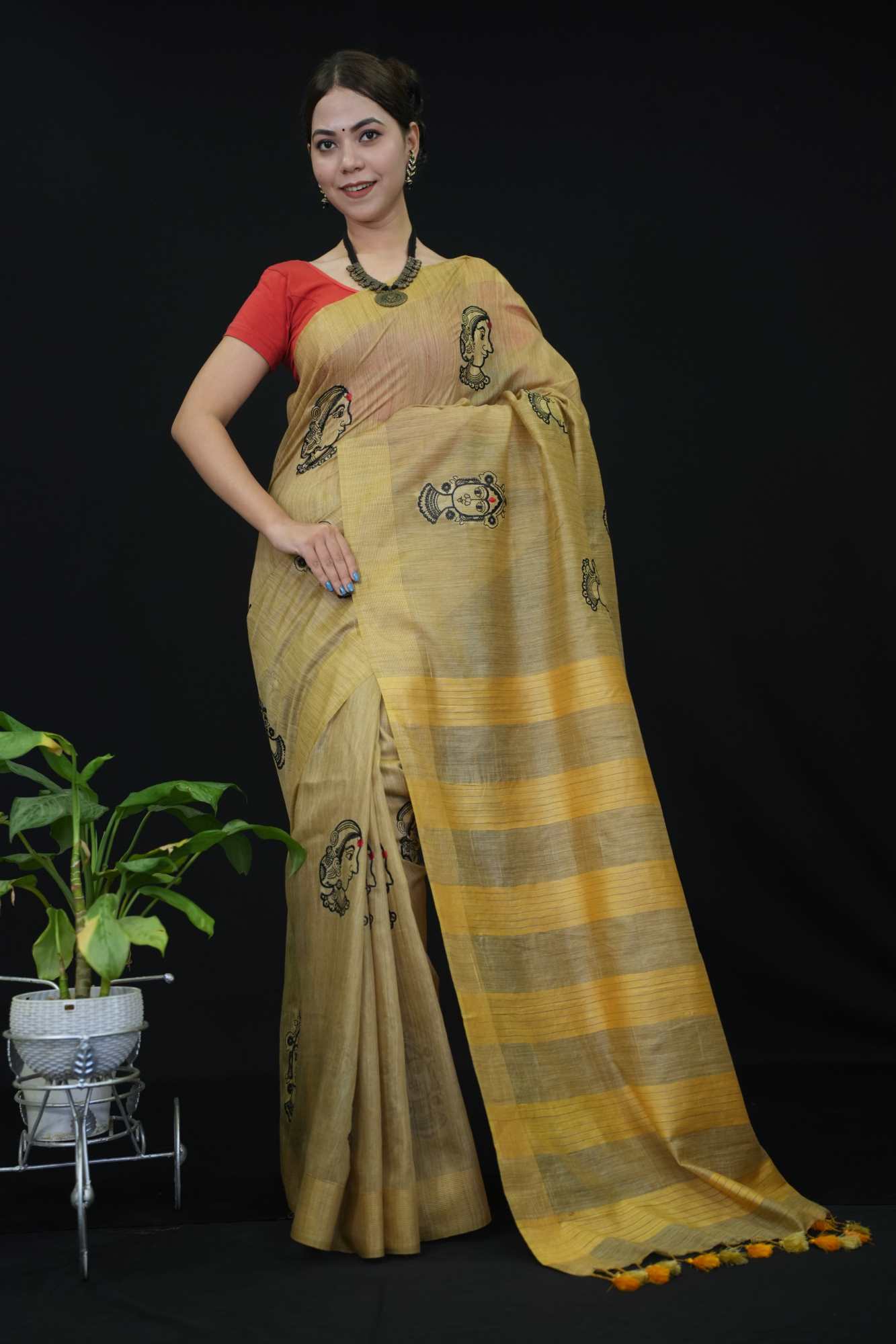 Pure Soft Kota Silk Beige With Lakshmi ma Face Thread Woven Overall Body With Striped Palla Ready To Wear Saree