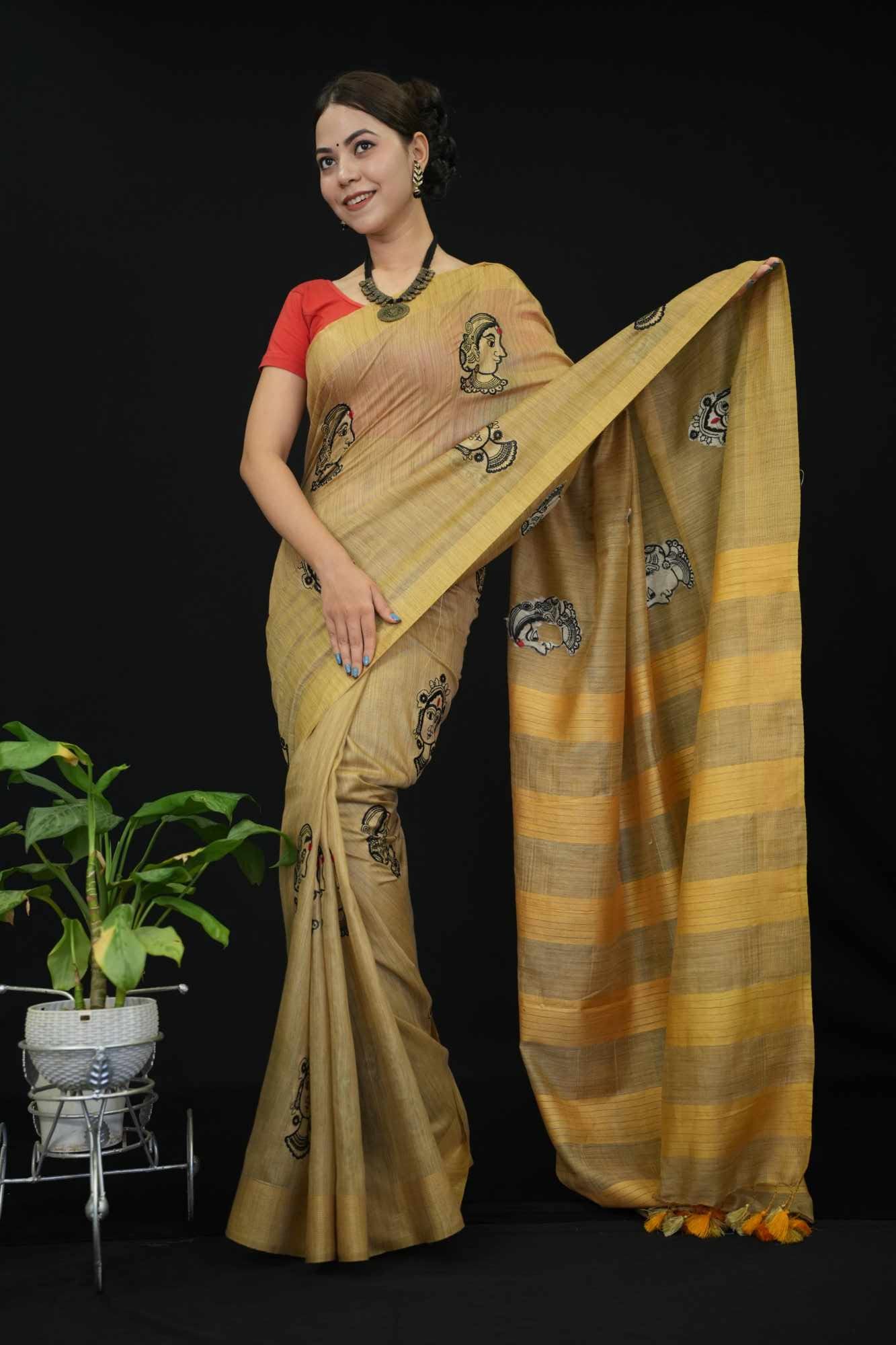 Pure Soft Kota Silk Beige With Lakshmi ma Face Thread Woven Overall Body With Striped Palla Ready To Wear Saree