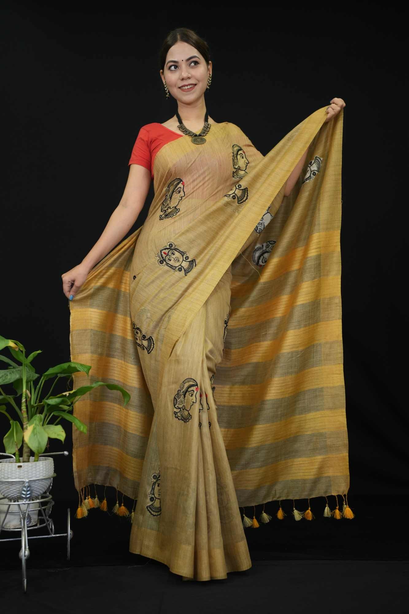 Pure Soft Kota Silk Beige With Lakshmi ma Face Thread Woven Overall Body With Striped Palla Ready To Wear Saree