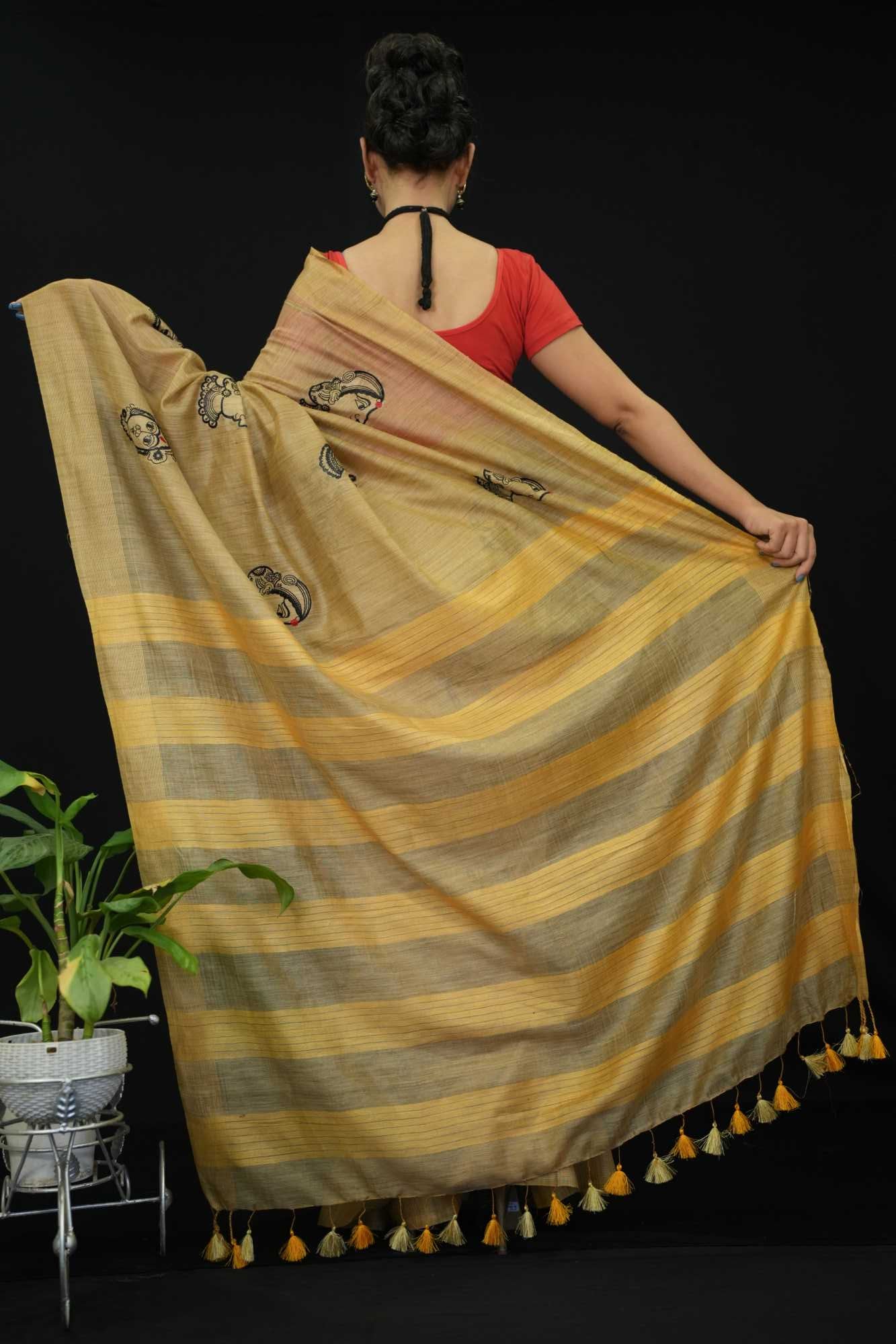 Pure Soft Kota Silk Beige With Lakshmi ma Face Thread Woven Overall Body With Striped Palla Ready To Wear Saree