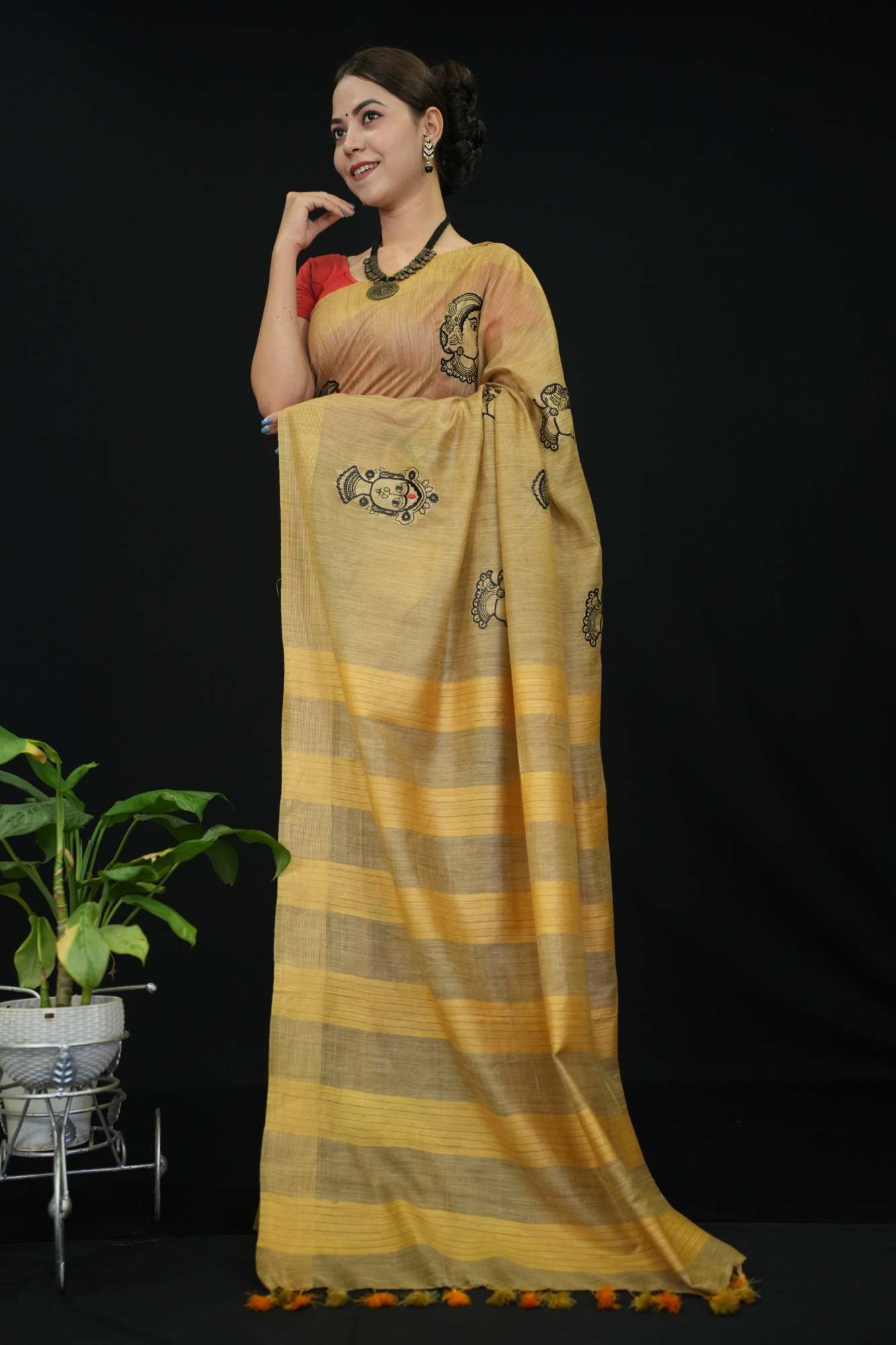 Pure Soft Kota Silk Beige With Lakshmi ma Face Thread Woven Overall Body With Striped Palla Ready To Wear Saree