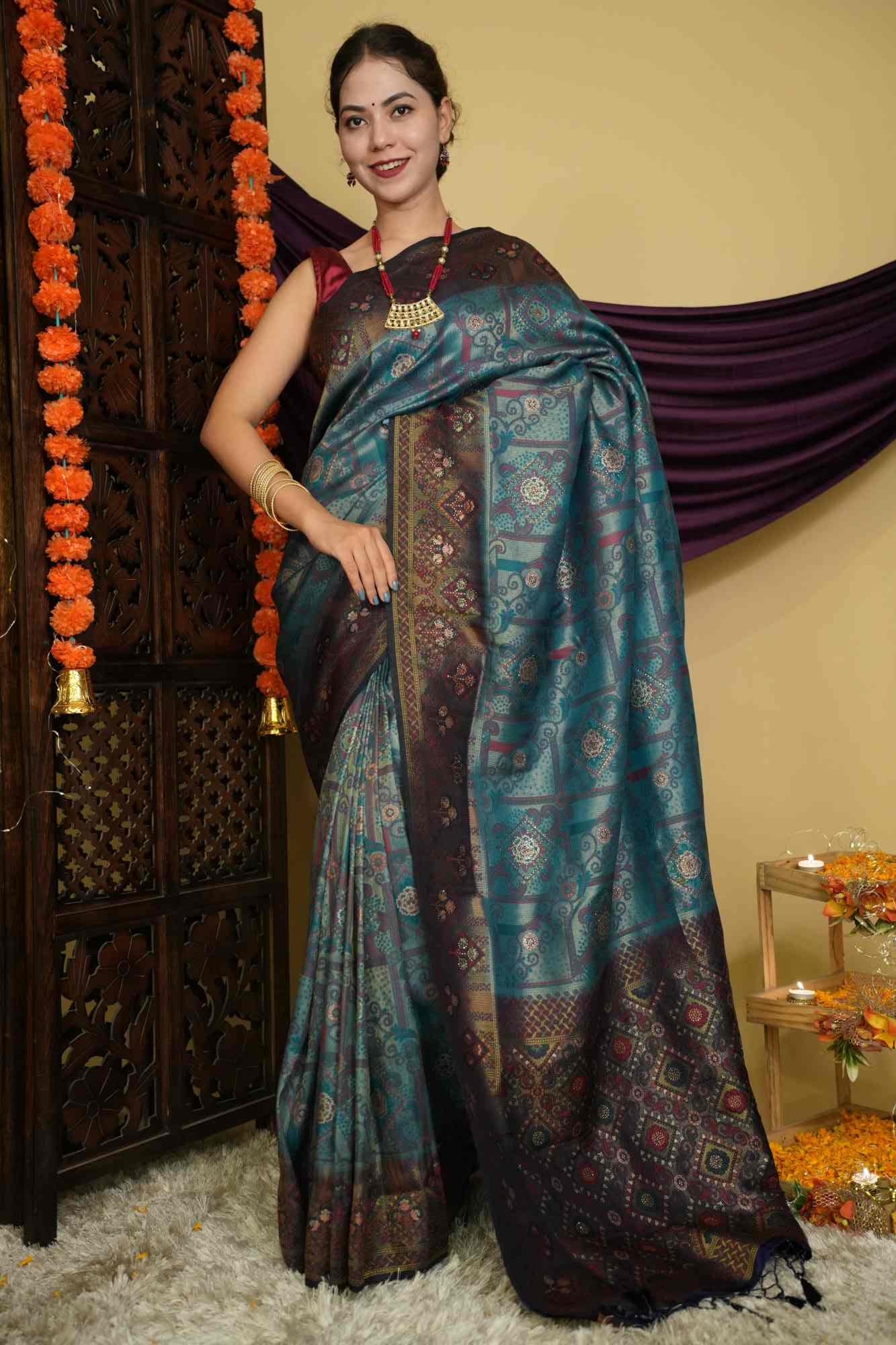 Green Banarasi Jaal Traditional Weave Overall Stone Embllished With Tassels On Palla Ready To Wear Saree