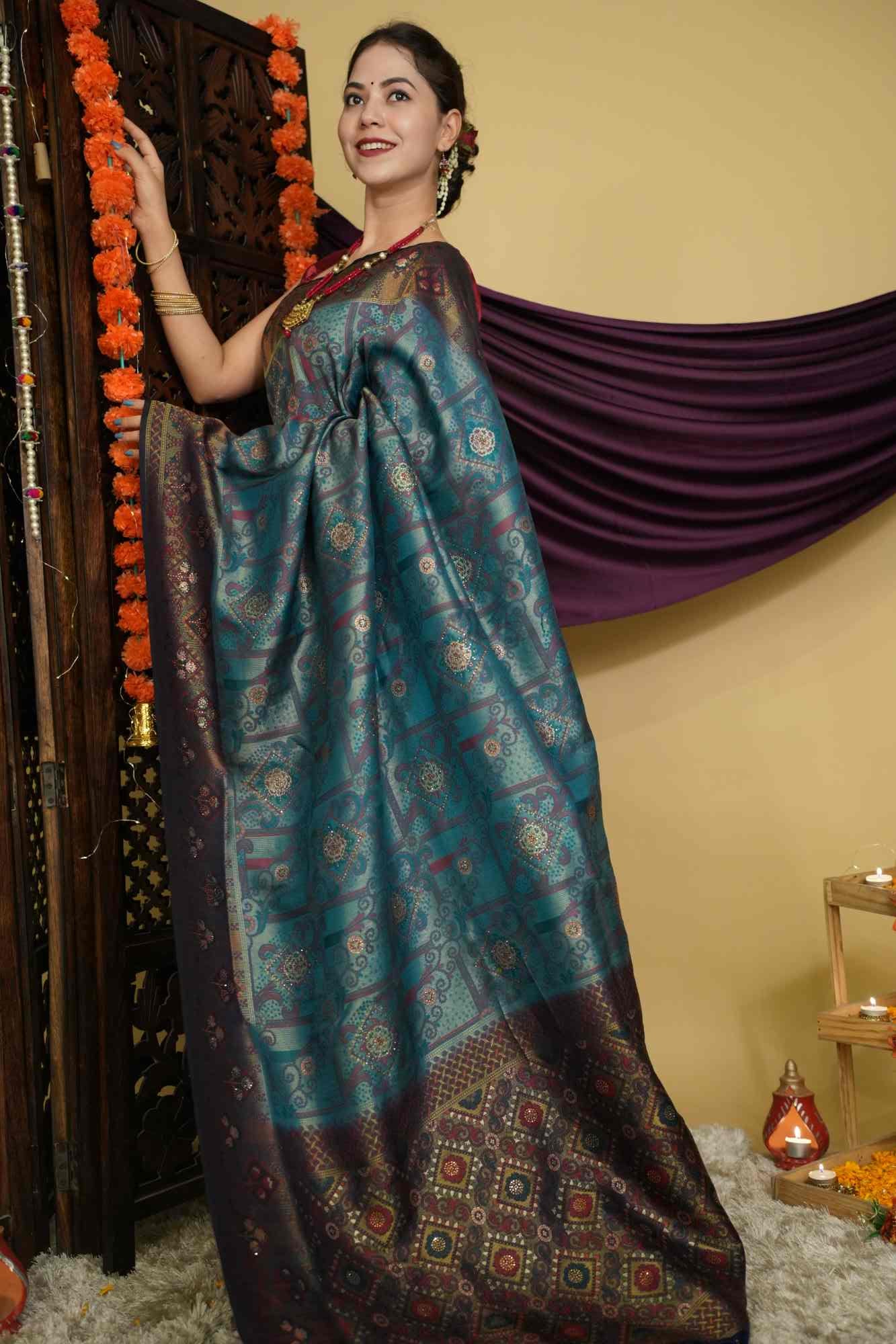 Green Banarasi Jaal Traditional Weave Overall Stone Embllished With Tassels On Palla Ready To Wear Saree