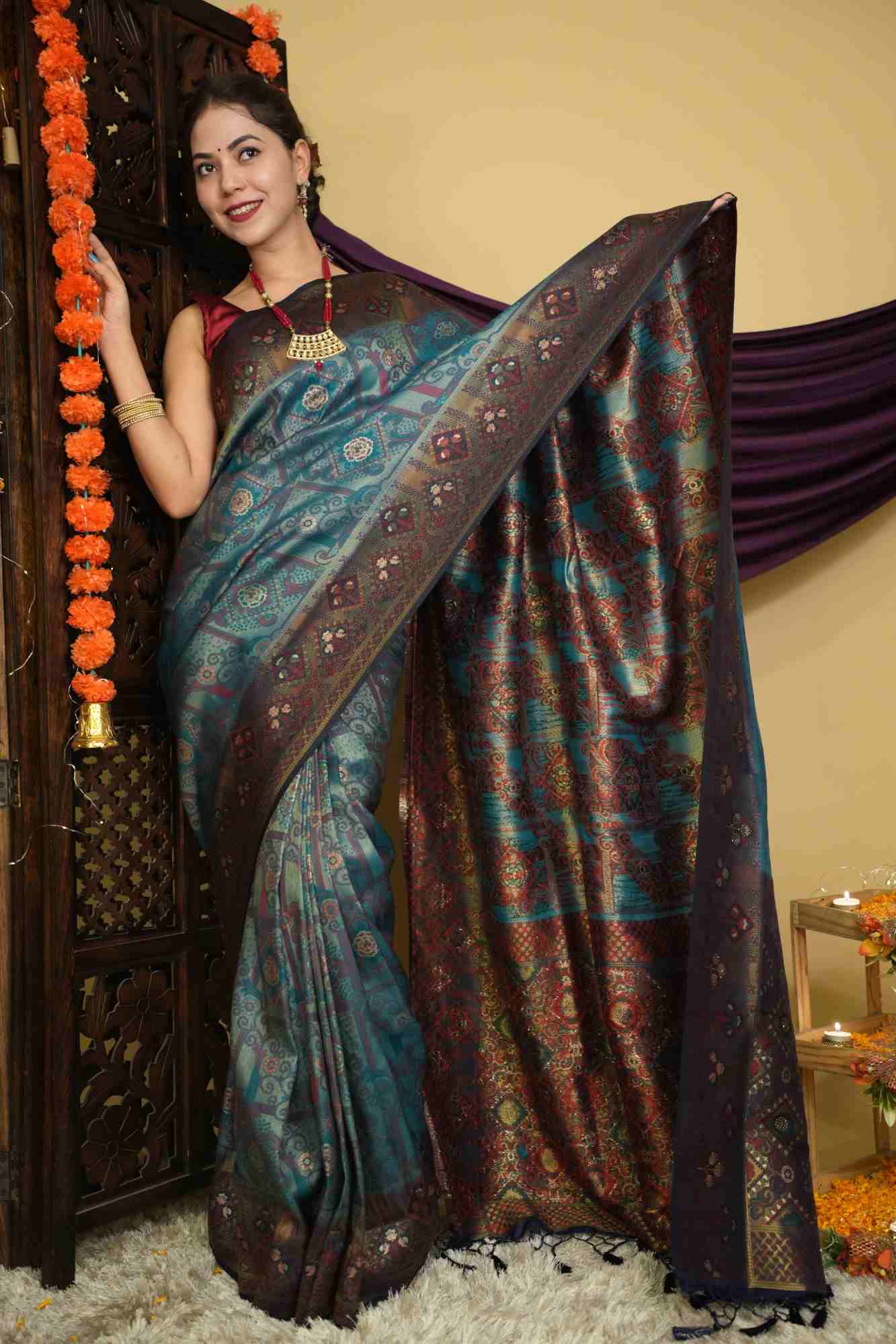 Green Banarasi Jaal Traditional Weave Overall Stone Embllished With Tassels On Palla Ready To Wear Saree