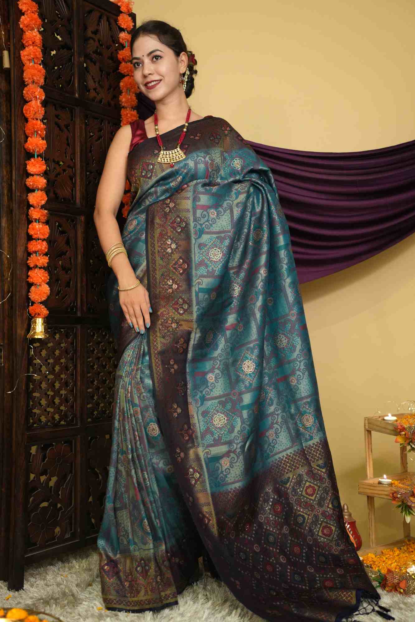 Green Banarasi Jaal Traditional Weave Overall Stone Embllished With Tassels On Palla Ready To Wear Saree