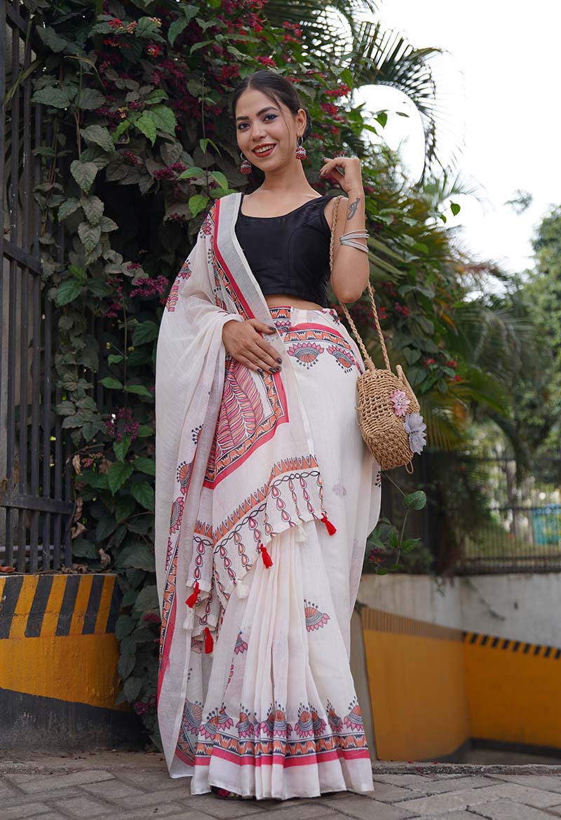 Beautiful White With Madhubani Printed Pallu With Printed Border Wrap In One Minute Saree