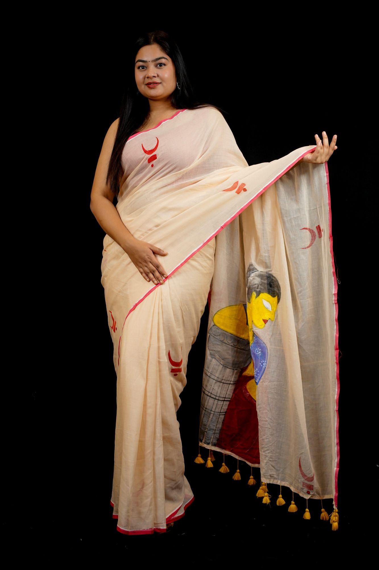 Hand-Painted Mulmul Cotton with Traditional Art Design Ready To Wear Saree
