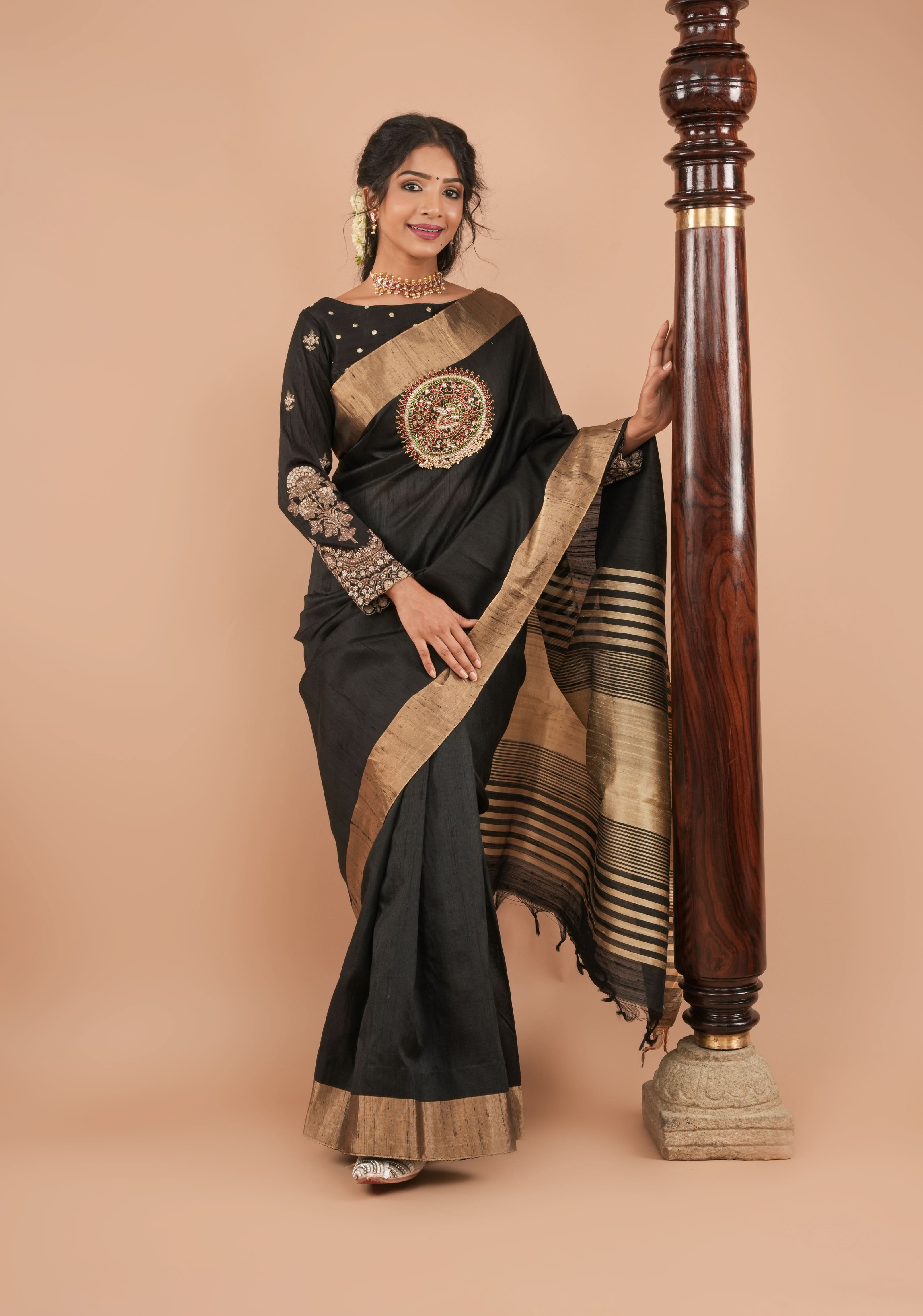 Black pure raw silk blouse with full sleeves, mirror and embroidery, v shape sheer back, Made to Order | Shobitam