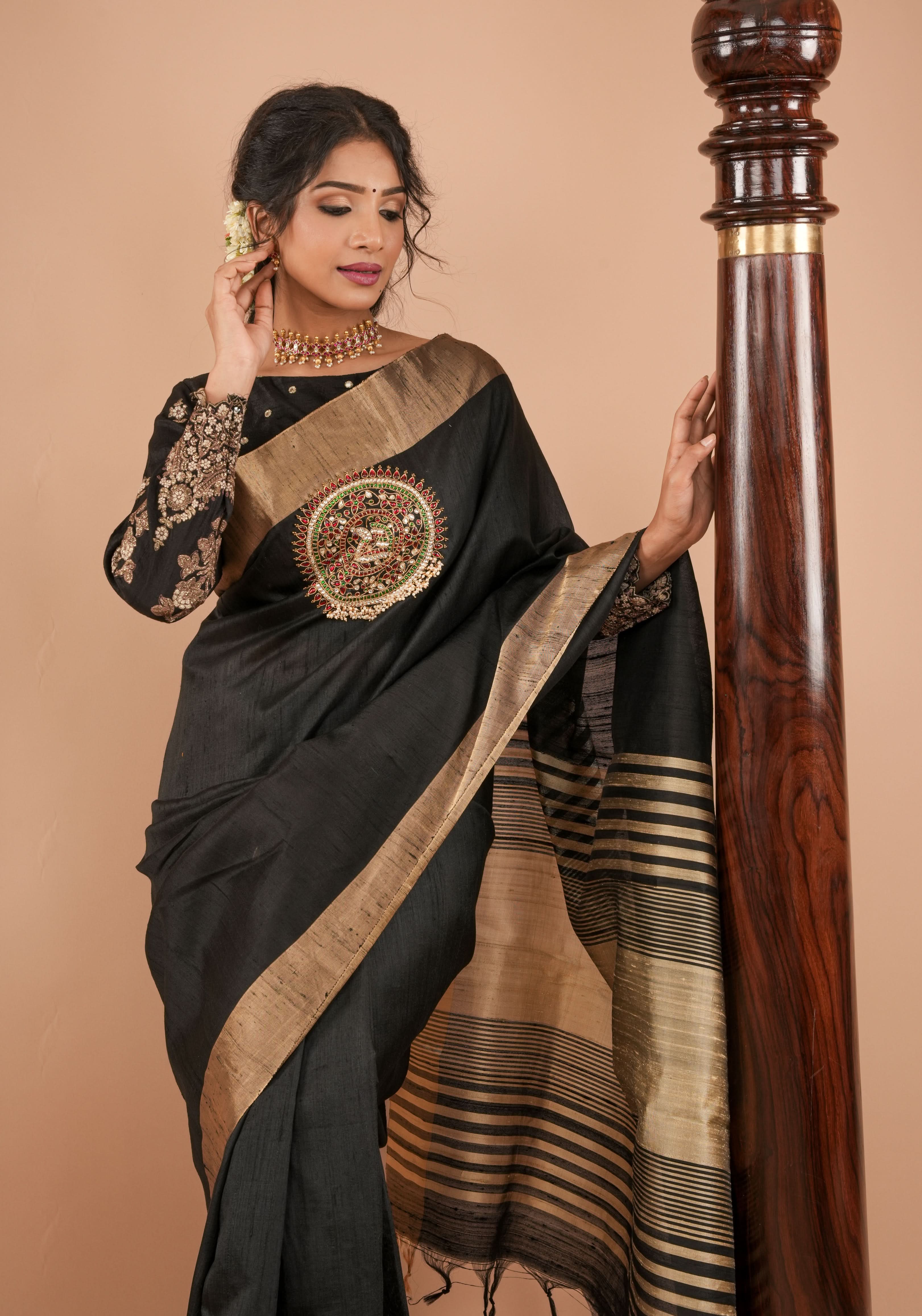 Black pure raw silk blouse with full sleeves, mirror and embroidery, v shape sheer back, Made to Order | Shobitam