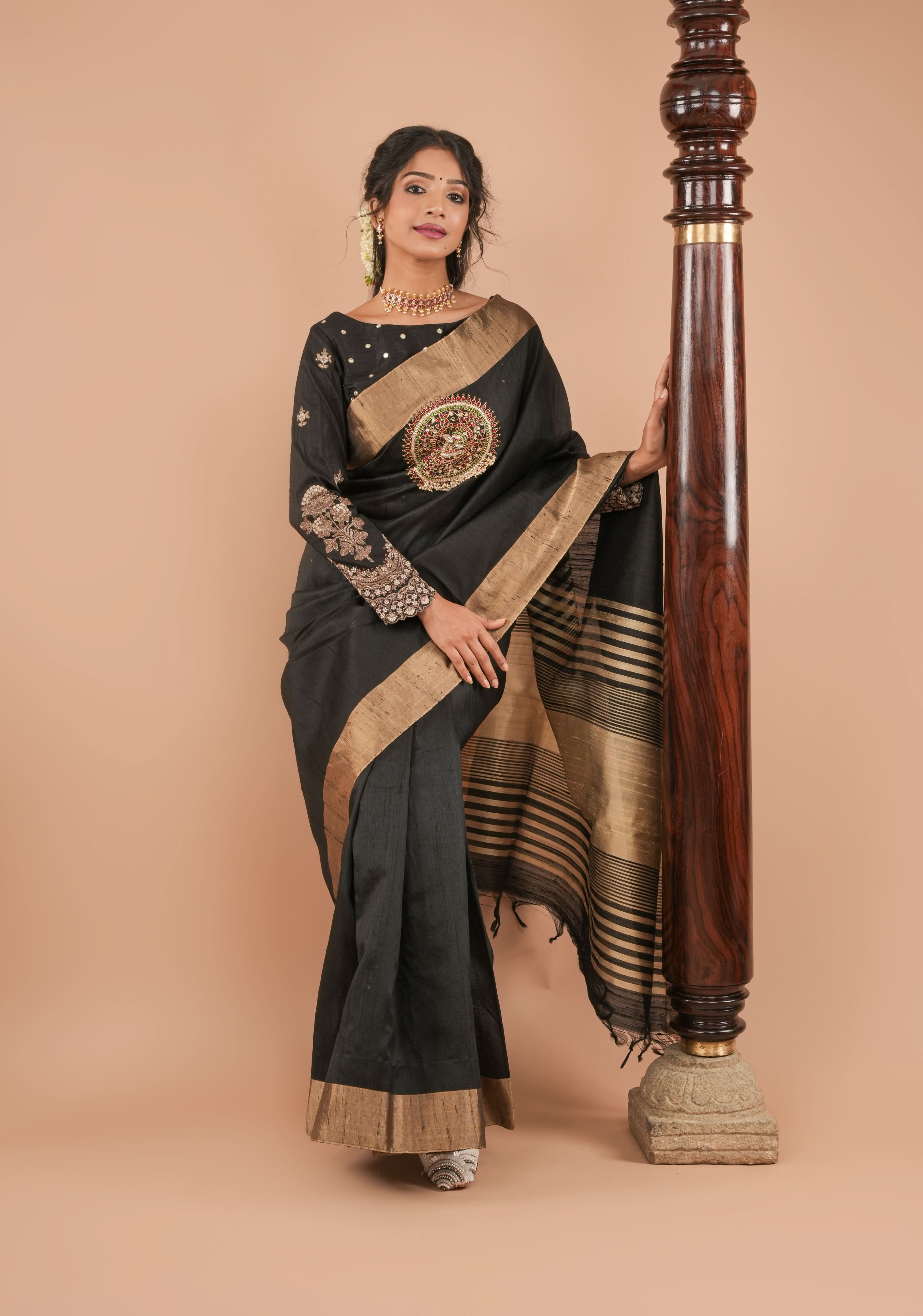 Black pure raw silk blouse with full sleeves, mirror and embroidery, v shape sheer back, Made to Order | Shobitam