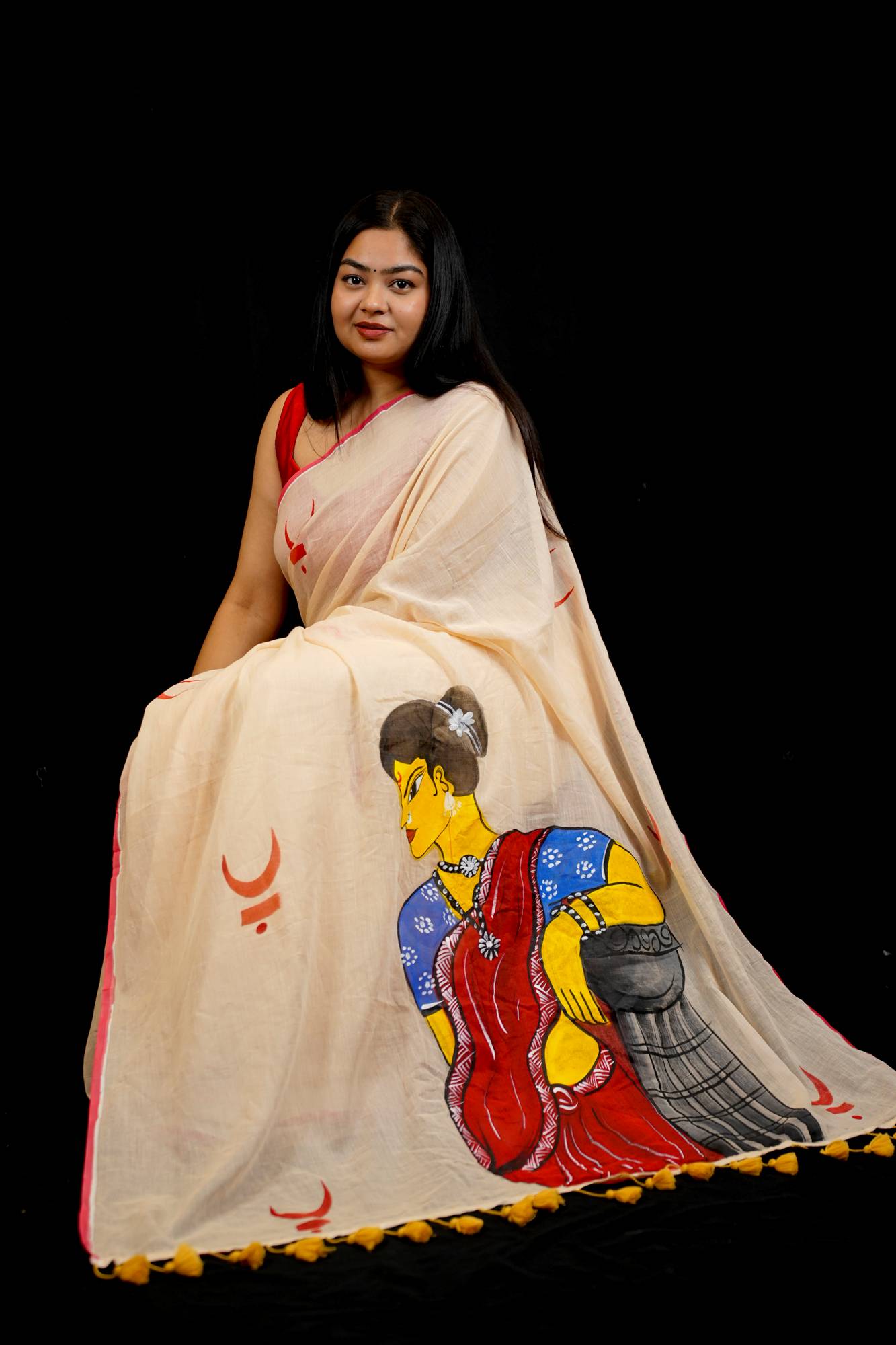 Hand-Painted Mulmul Cotton with Traditional Art Design Ready To Wear Saree