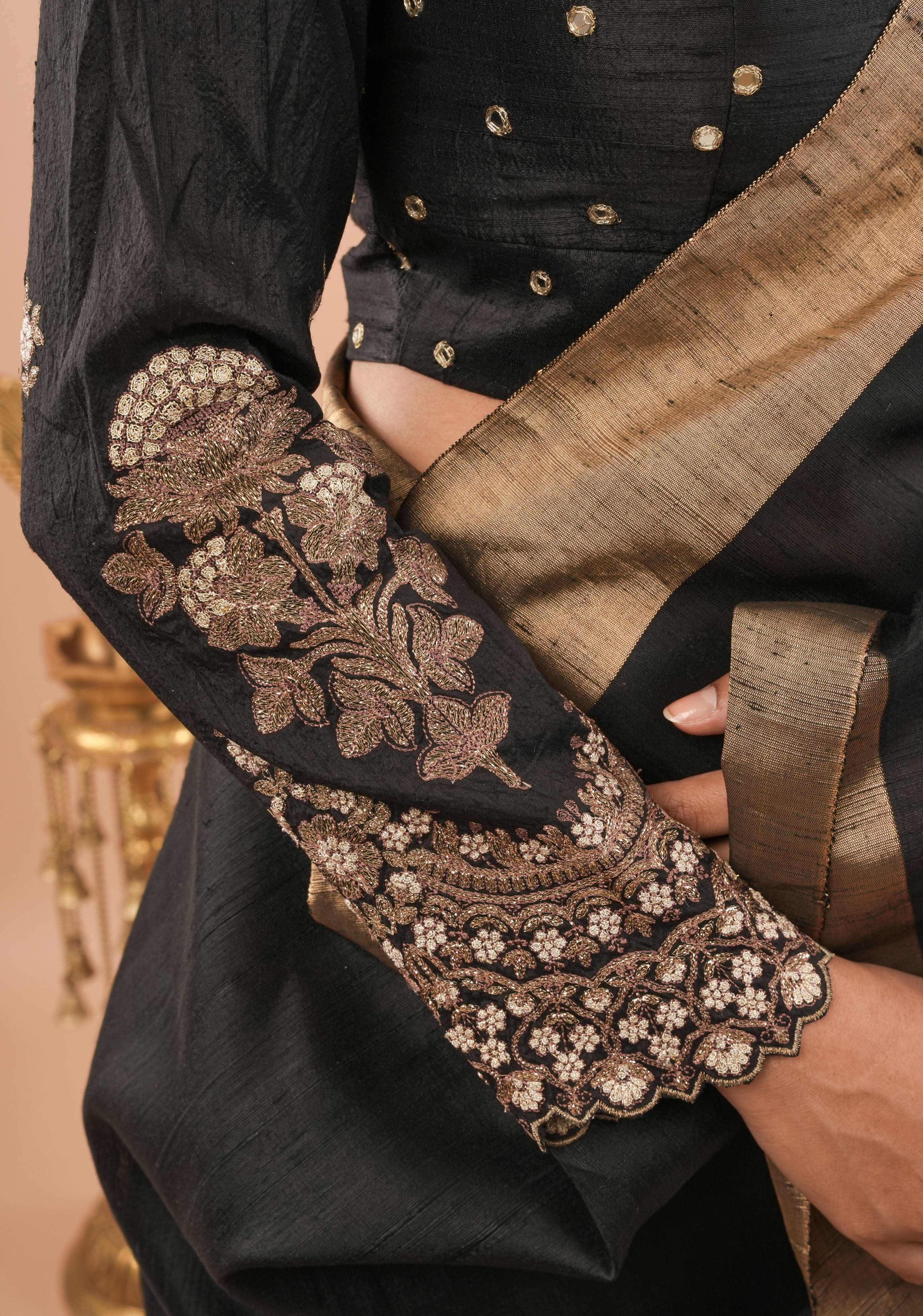 Black pure raw silk blouse with full sleeves, mirror and embroidery, v shape sheer back, Made to Order | Shobitam