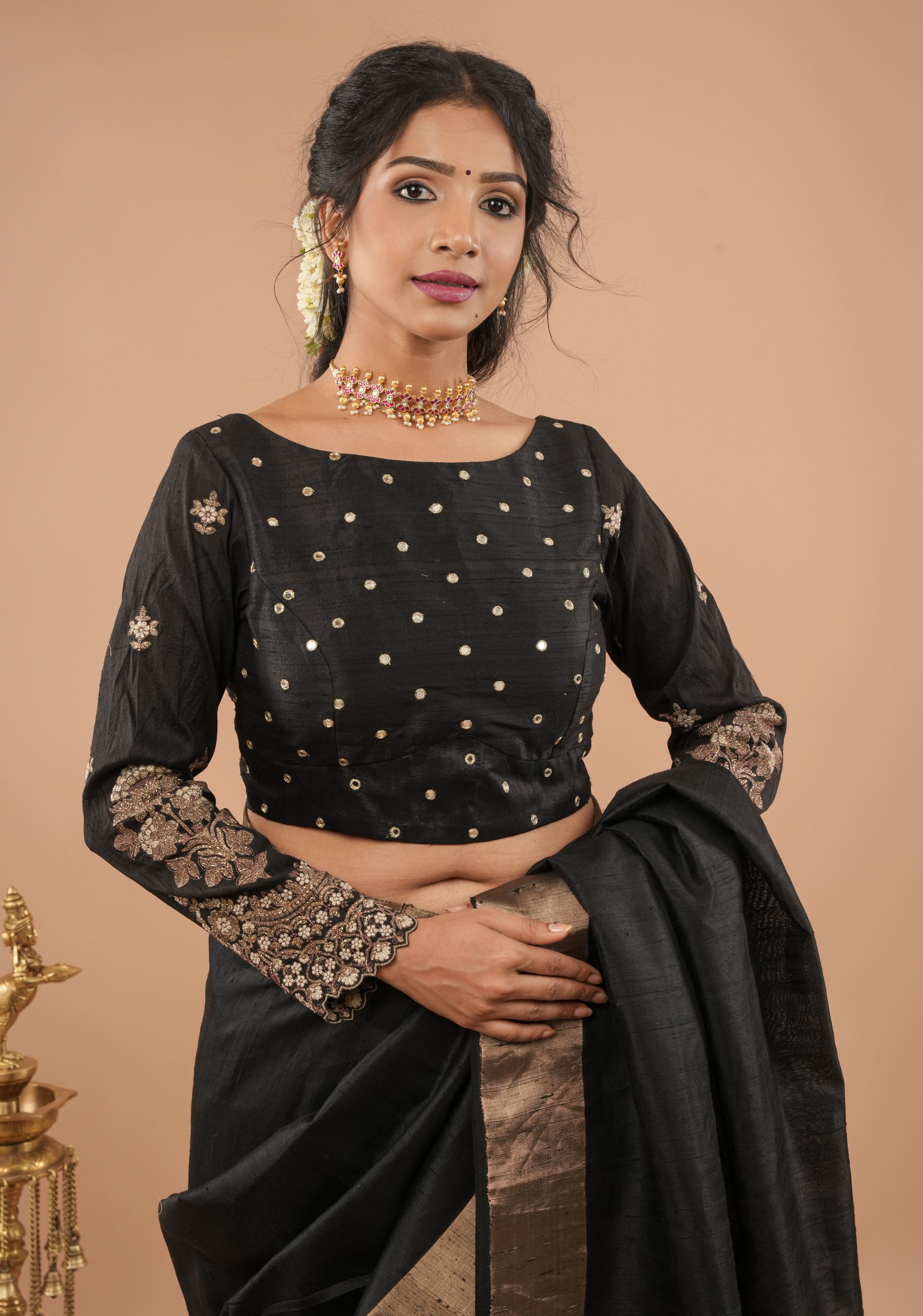 Black pure raw silk blouse with full sleeves, mirror and embroidery, v shape sheer back, Made to Order | Shobitam